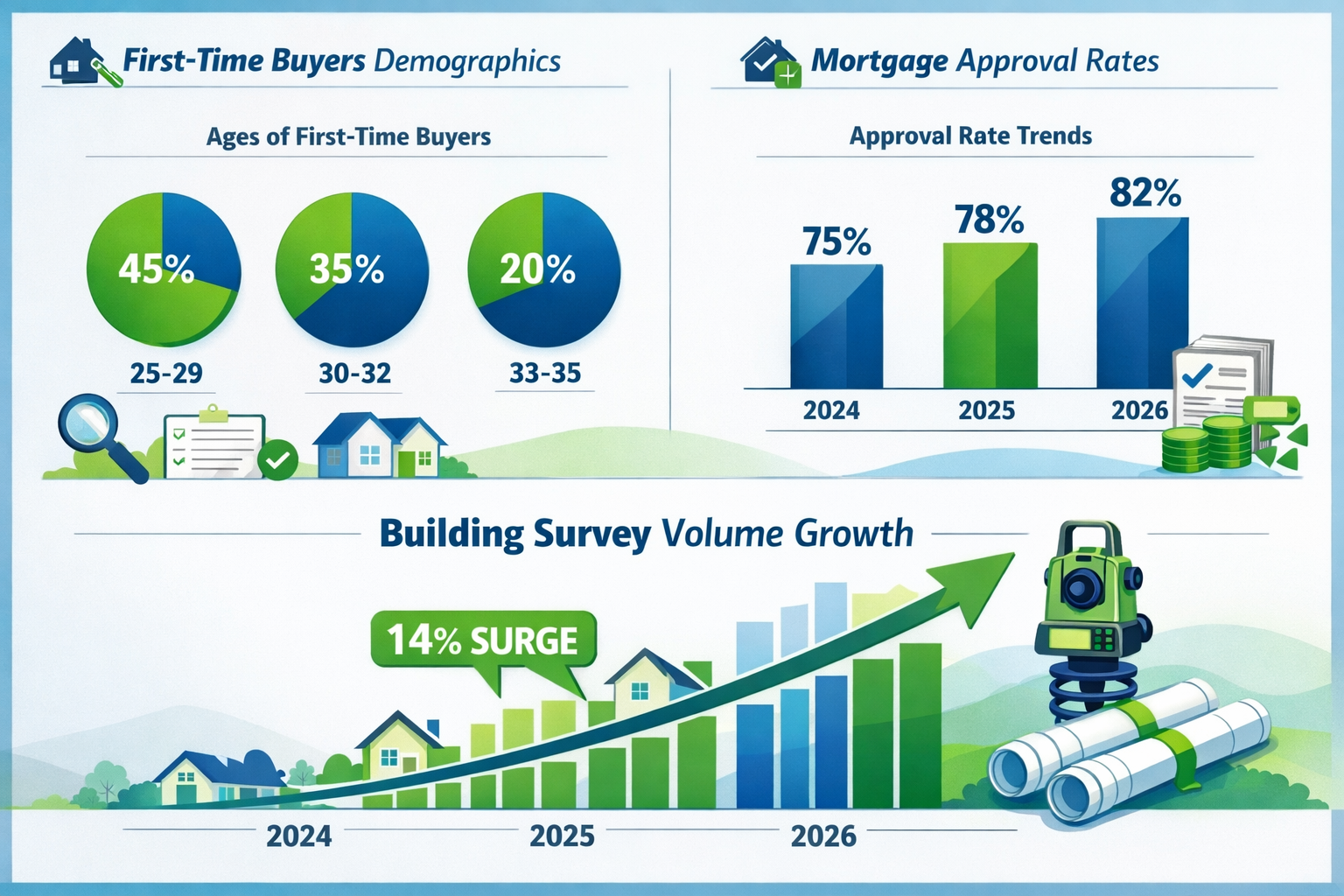 () detailed infographic showing upward trending graph of building survey volumes from 2024-2026 with 14% surge annotation,