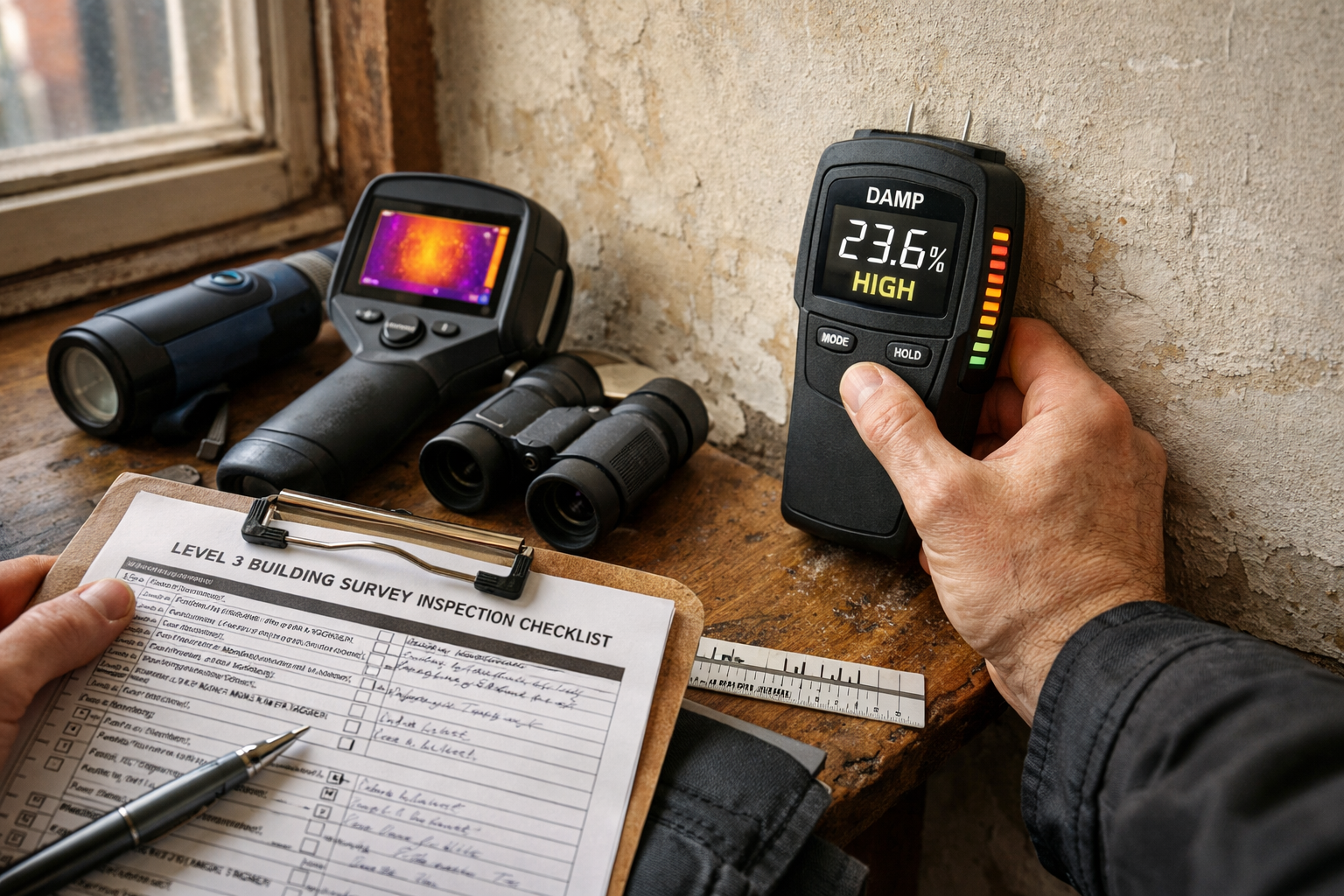 () interior scene of RICS chartered surveyor conducting Level 3 building survey in period property, close-up of hands using