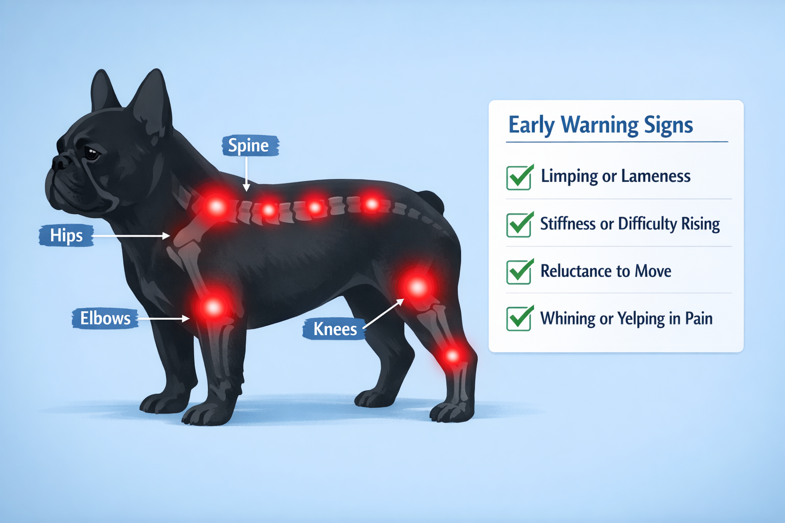 Landscape format (1536x1024) infographic showing French Bulldog silhouette with highlighted joint areas (hips, spine, knees, elbows) in red 