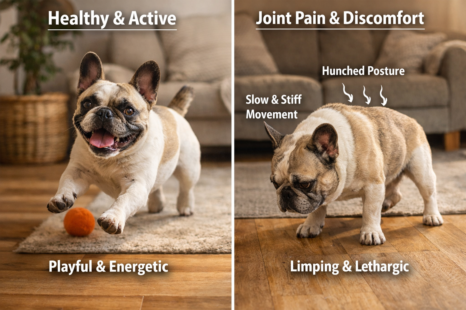 Landscape format (1536x1024) split-screen comparison showing healthy French Bulldog playing actively on left versus same dog showing joint p