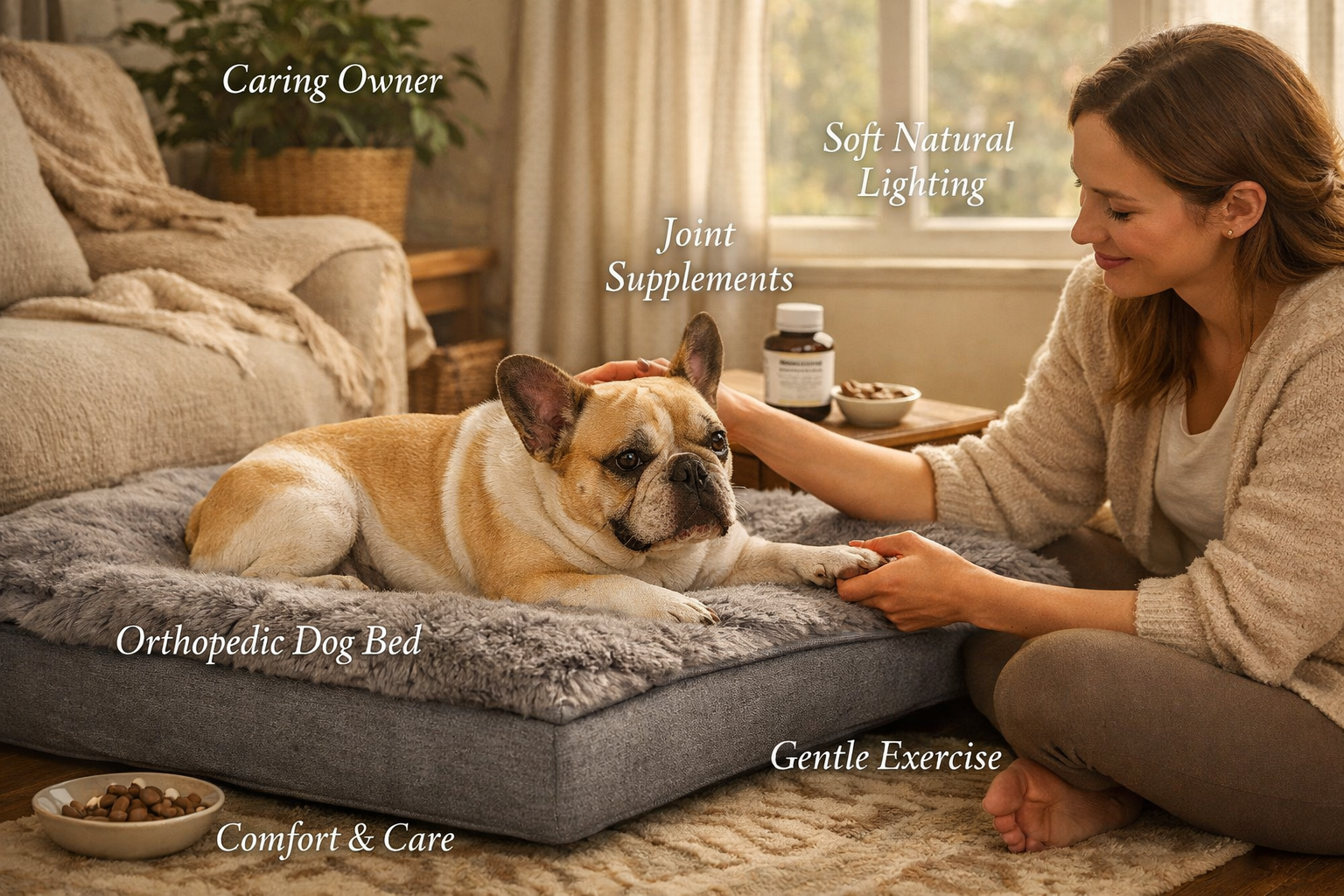 Landscape format (1536x1024) cozy home scene showing French Bulldog receiving gentle care - orthopedic dog bed, joint supplements, gentle ex