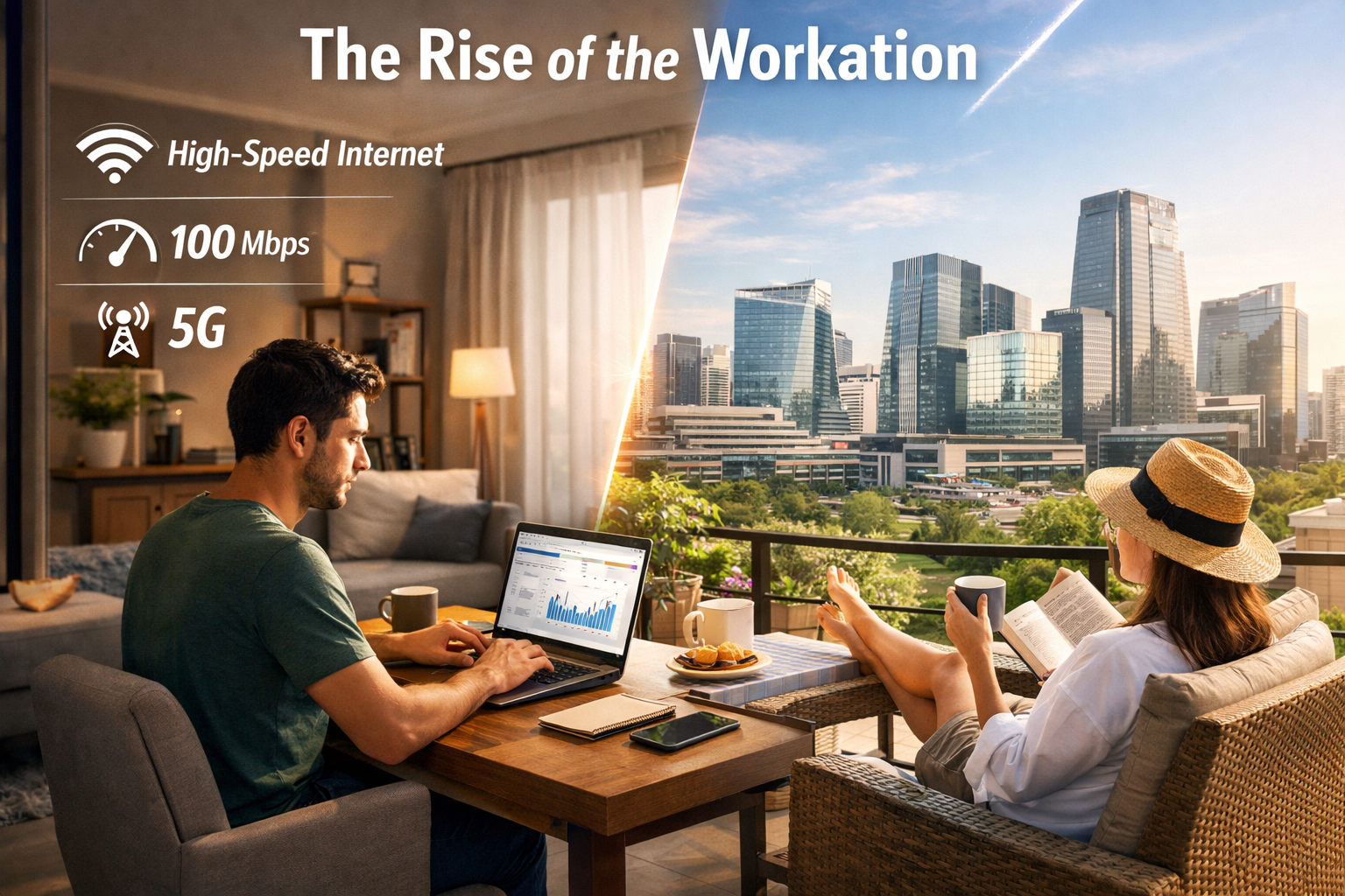 Detailed () image for the 'The Rise of the Workation' section. It shows a split-screen or concept: one side depicts a person