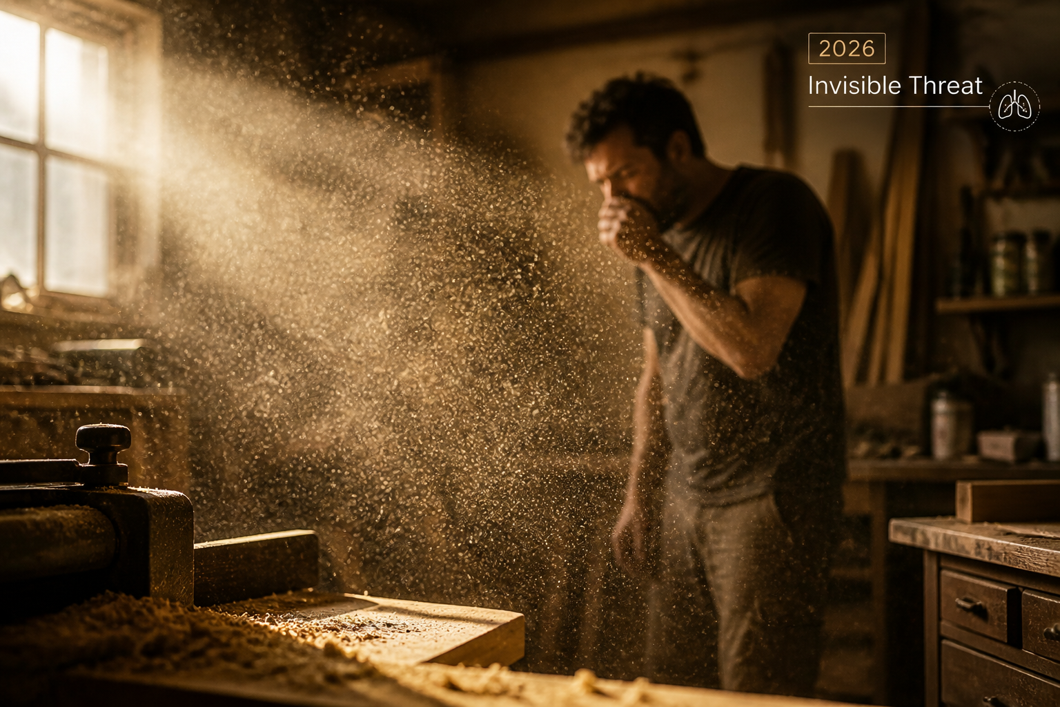 () editorial image illustrating the health risks of workshop dust. A close-up shot of fine wood dust illuminated by a ray of