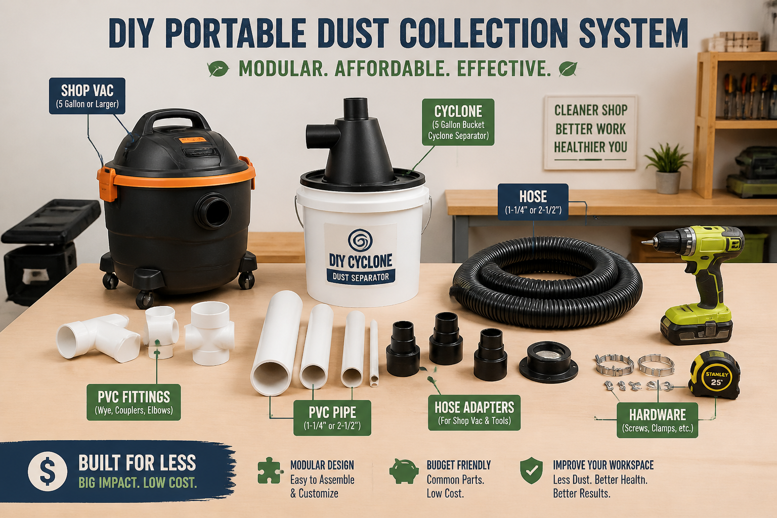 () image showcasing the components of a DIY portable dust collection system for small workshops. The image features a
