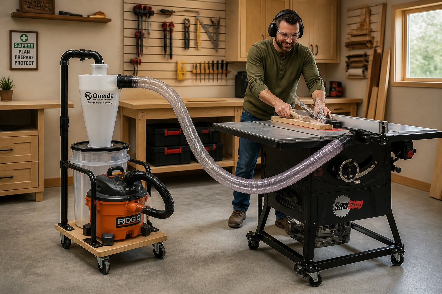 () image demonstrating a fully assembled DIY portable dust collection system in action within a small workshop. The system,