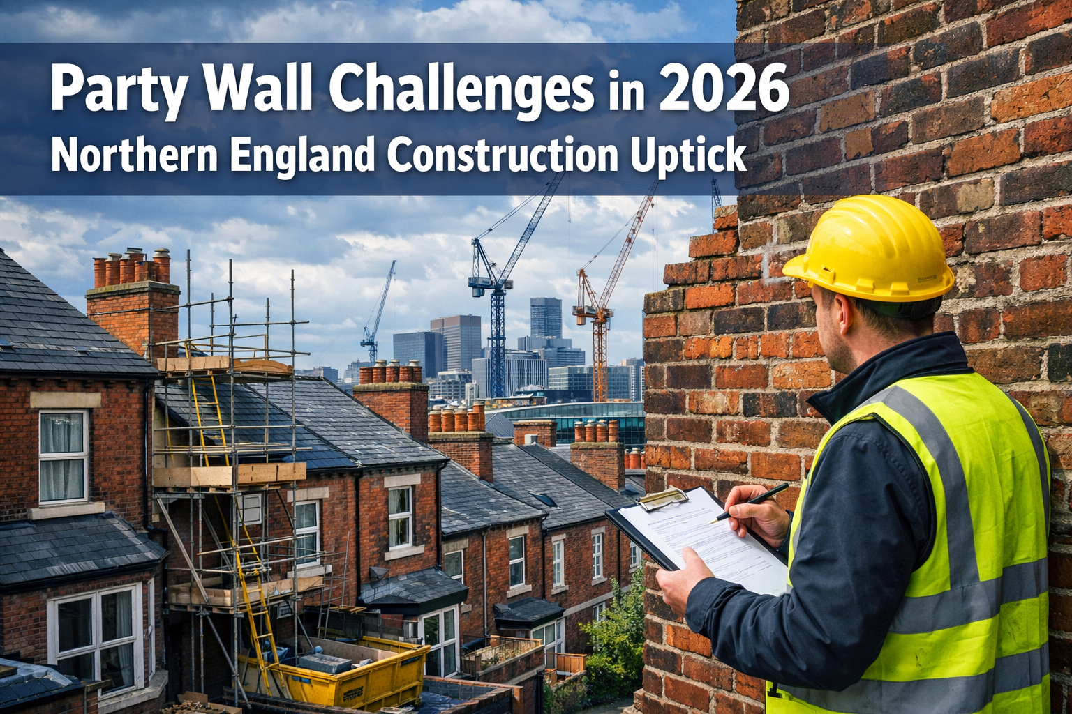 Professional () editorial hero image featuring 'Party Wall Challenges in 2026 Northern England Construction Uptick' in extra