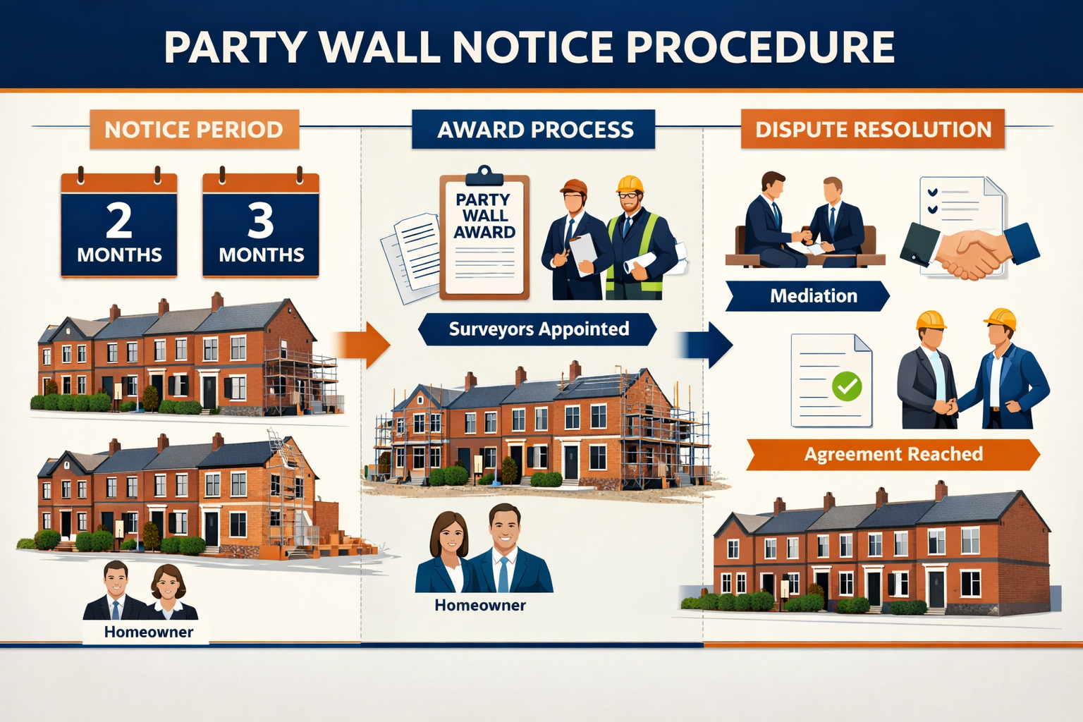Detailed () infographic-style image displaying timeline flowchart of party wall notice procedures with three distinct