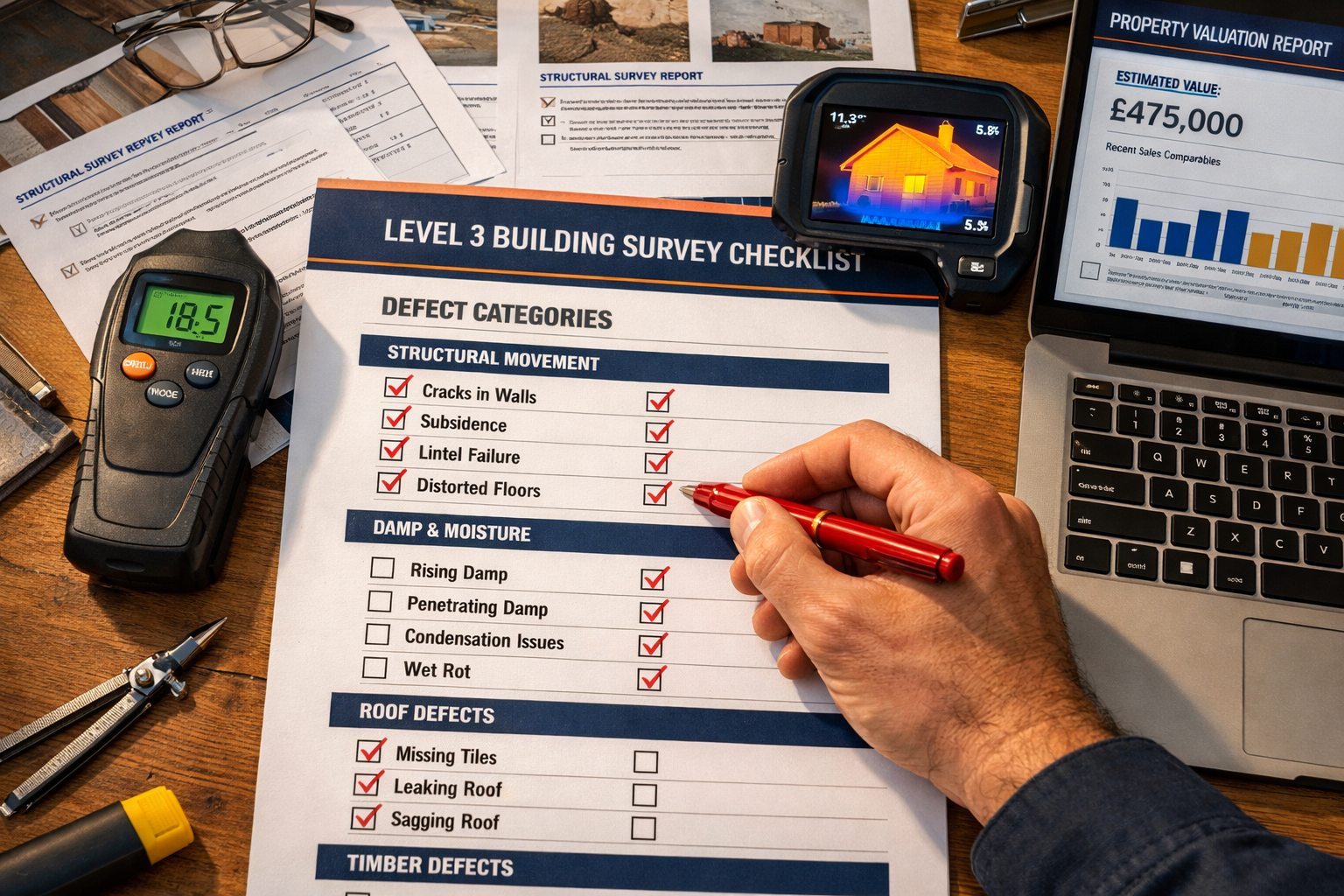 Detailed () showing a close-up bird's-eye view of a Level 3 building survey checklist spread across a wooden desk, with a