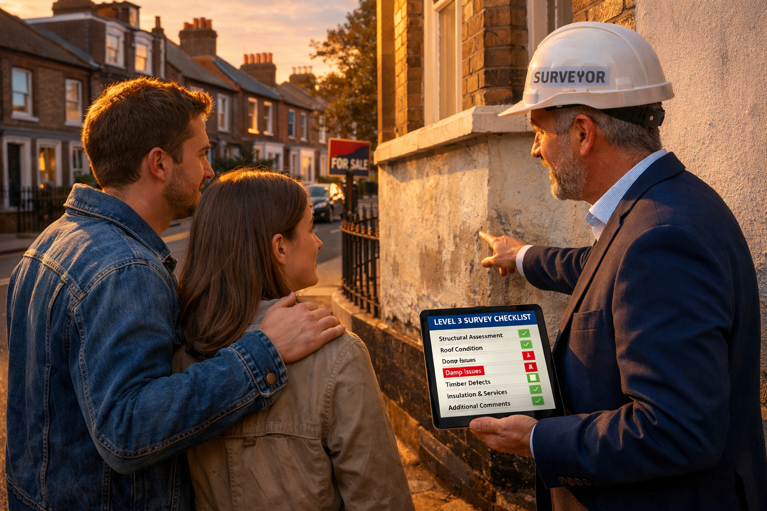 Detailed () depicting a first-time buyer couple standing outside a period property with a chartered surveyor who is pointing