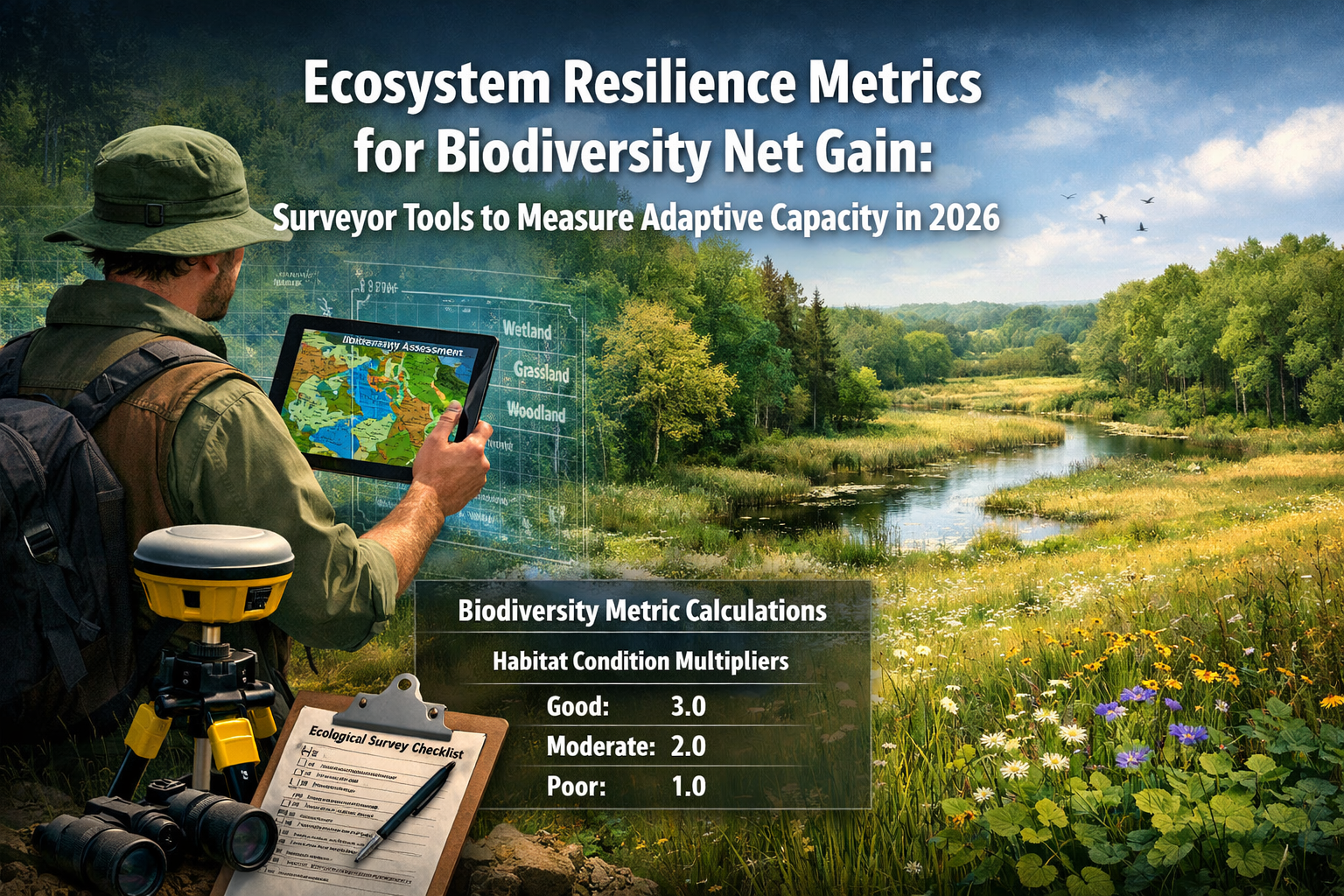 Professional () hero image featuring 'Ecosystem Resilience Metrics for Biodiversity Net Gain: Surveyor Tools to Measure