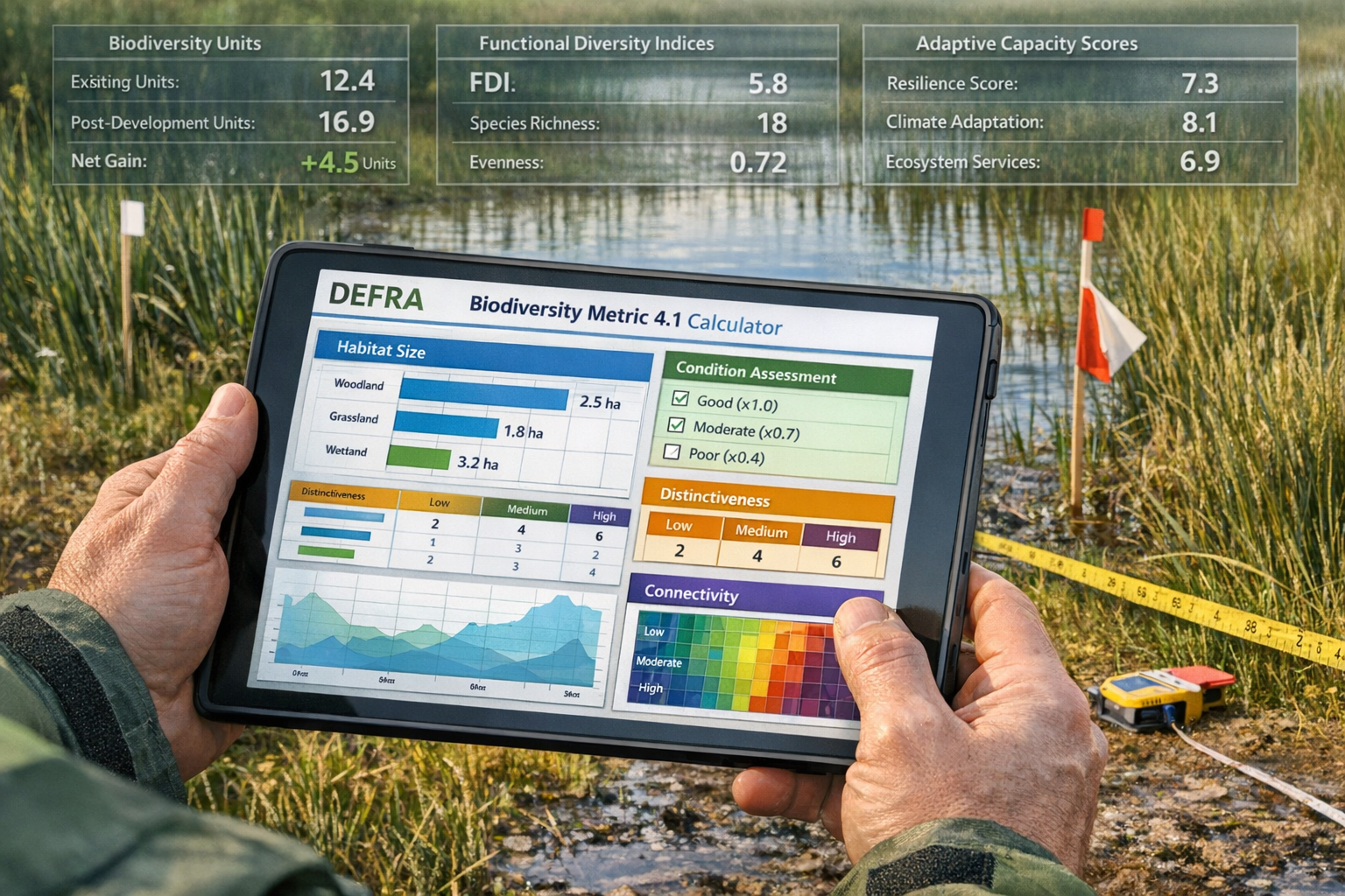 Detailed () image showing close-up of professional surveyor's hands holding tablet displaying DEFRA Metric 4.1 calculation