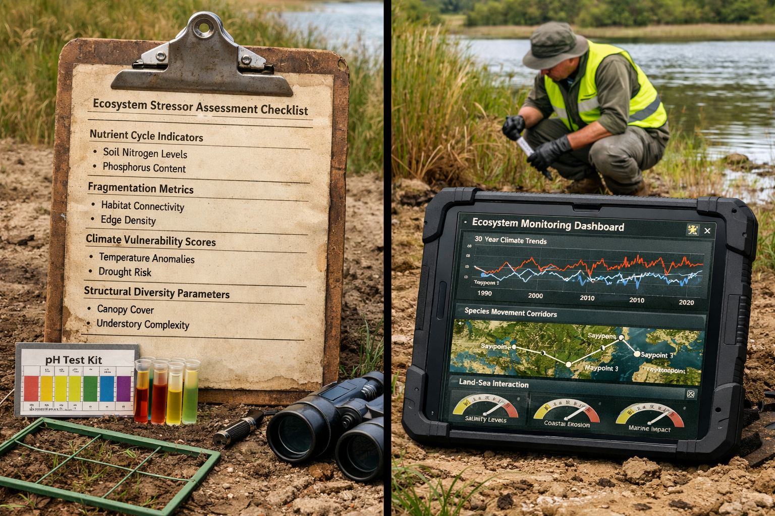 Detailed () image depicting split-screen comparison of ecosystem stressor assessment tools. Left panel shows field checklist