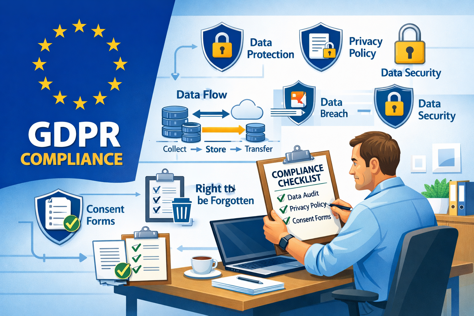 Landscape format (1536x1024) illustration showing GDPR compliance framework with European Union flag, data protection icons, privacy shields