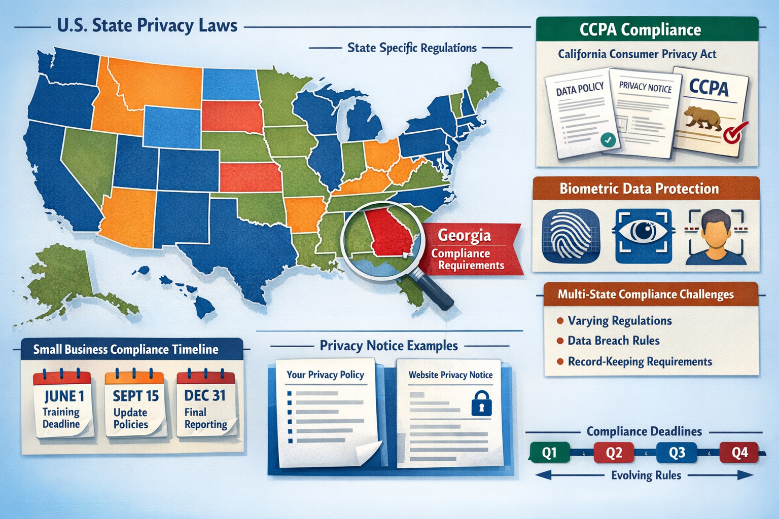 Detailed landscape format (1536x1024) infographic showing state-specific compliance requirements map of United States with Georgia highlight
