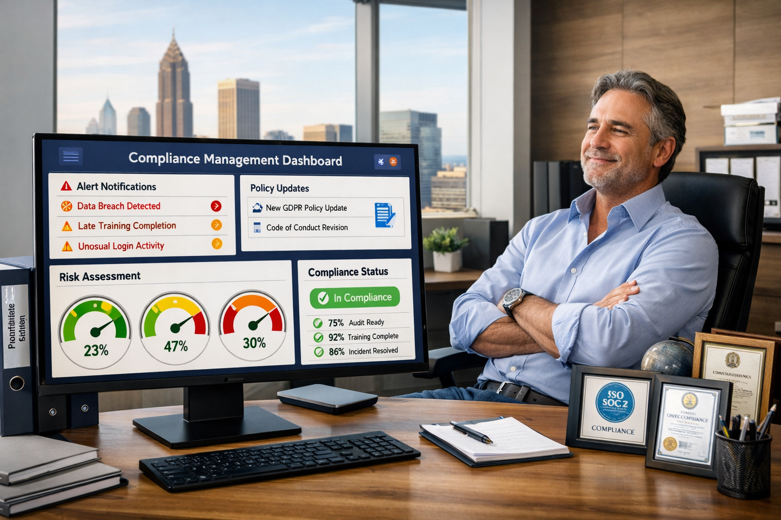 Professional landscape image (1536x1024) depicting compliance management dashboard on computer screen with automated monitoring alerts, risk