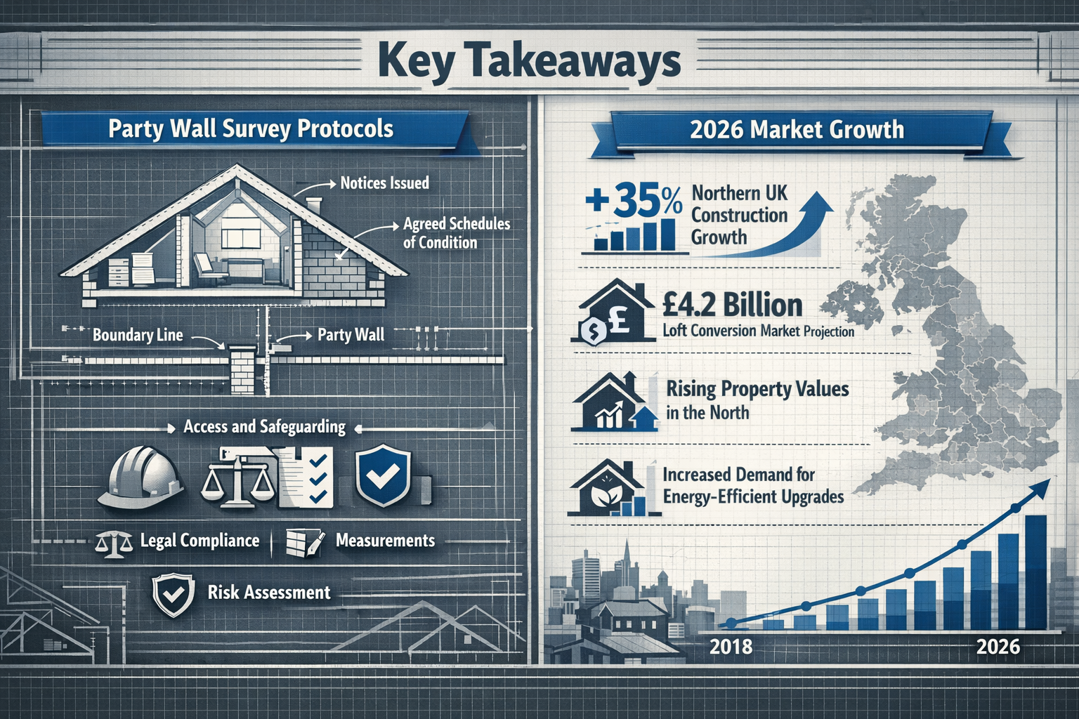 Infographic-style visual for 'Key Takeaways' featuring a professional architectural blueprint overlay showing a stylized northern UK citysca