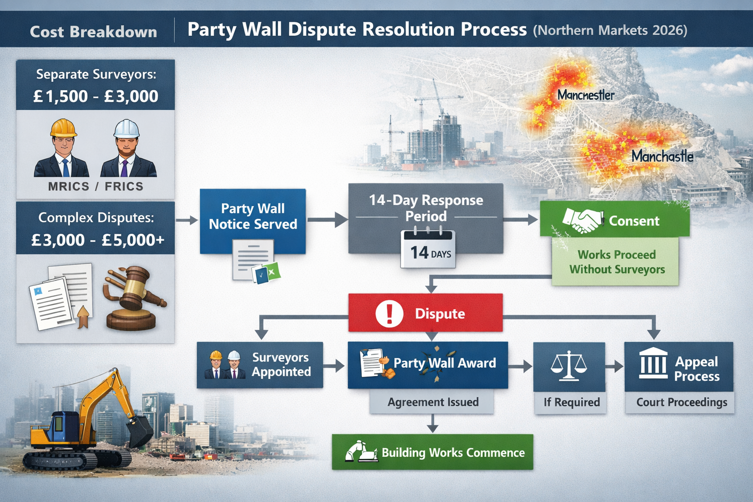 Detailed landscape format (1536x1024) infographic showing party wall dispute resolution flowchart specific to 2026 Northern markets. Visual