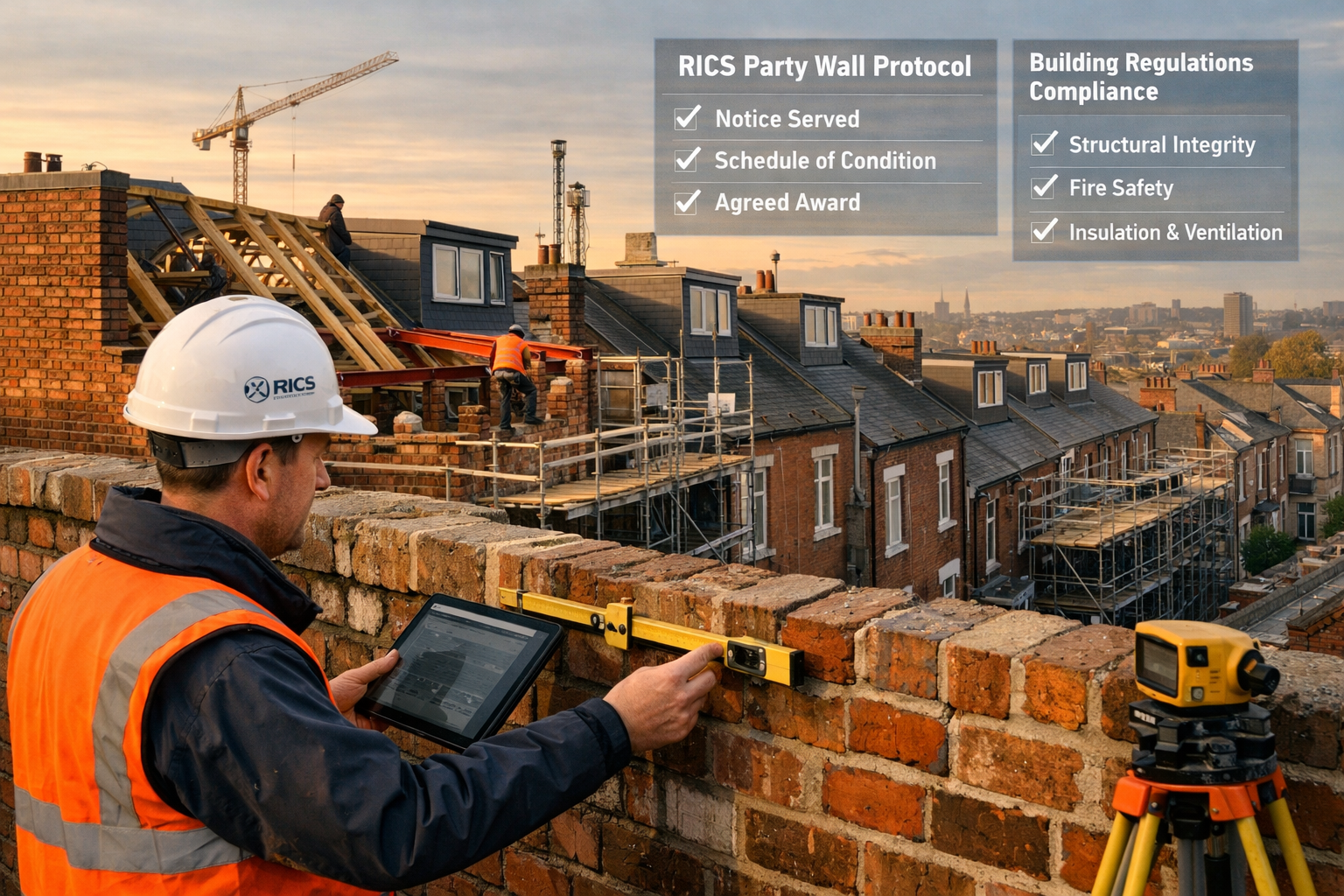 Detailed landscape format (1536x1024) image showing Northern England urban regeneration scene with multiple loft conversions in progress acr