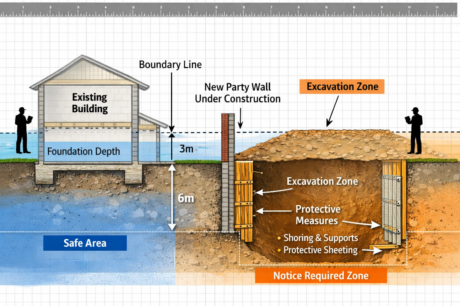 () detailed technical illustration showing cross-section view of two adjoining properties with a new party wall being