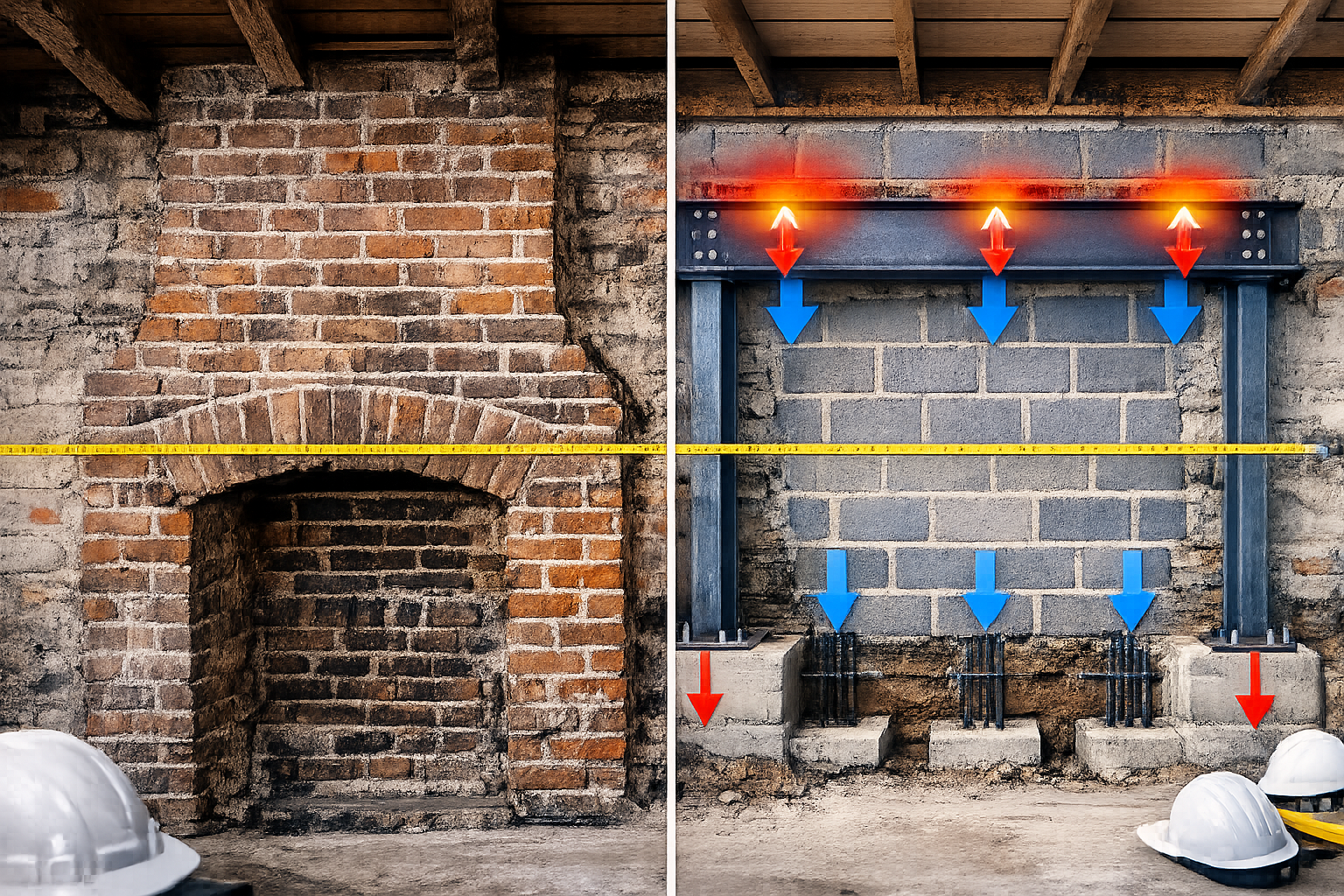 () dramatic before-and-after split screen composition showing structural alterations to a party wall. Left half shows