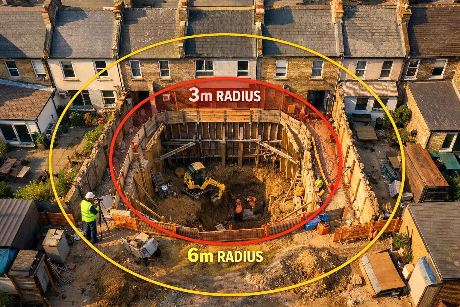 () bird's eye view aerial photograph of urban residential street showing multiple terraced houses with basement extension
