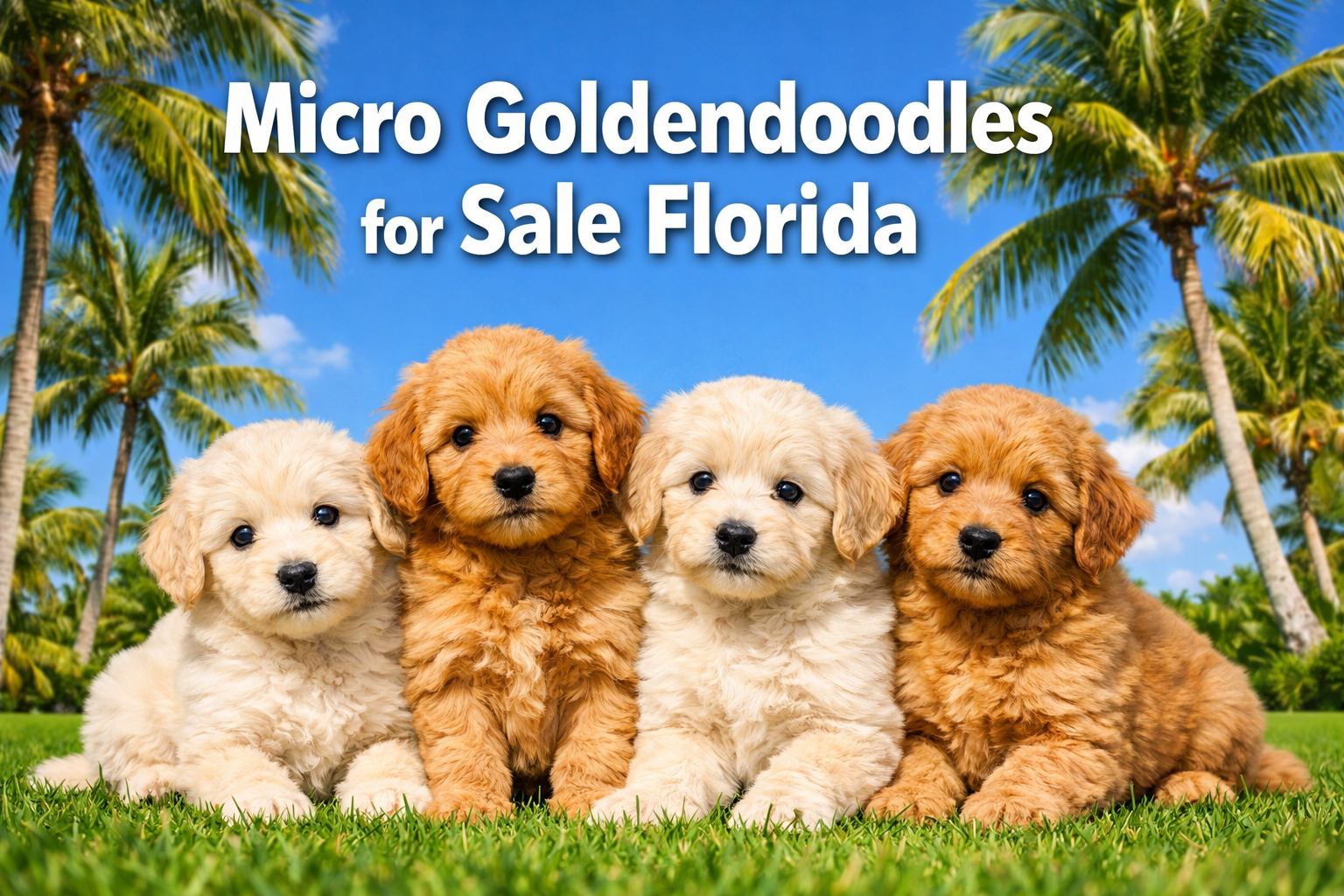 Professional landscape format (1536x1024) hero image featuring adorable micro goldendoodle puppies in a sunny Florida setting with palm tree