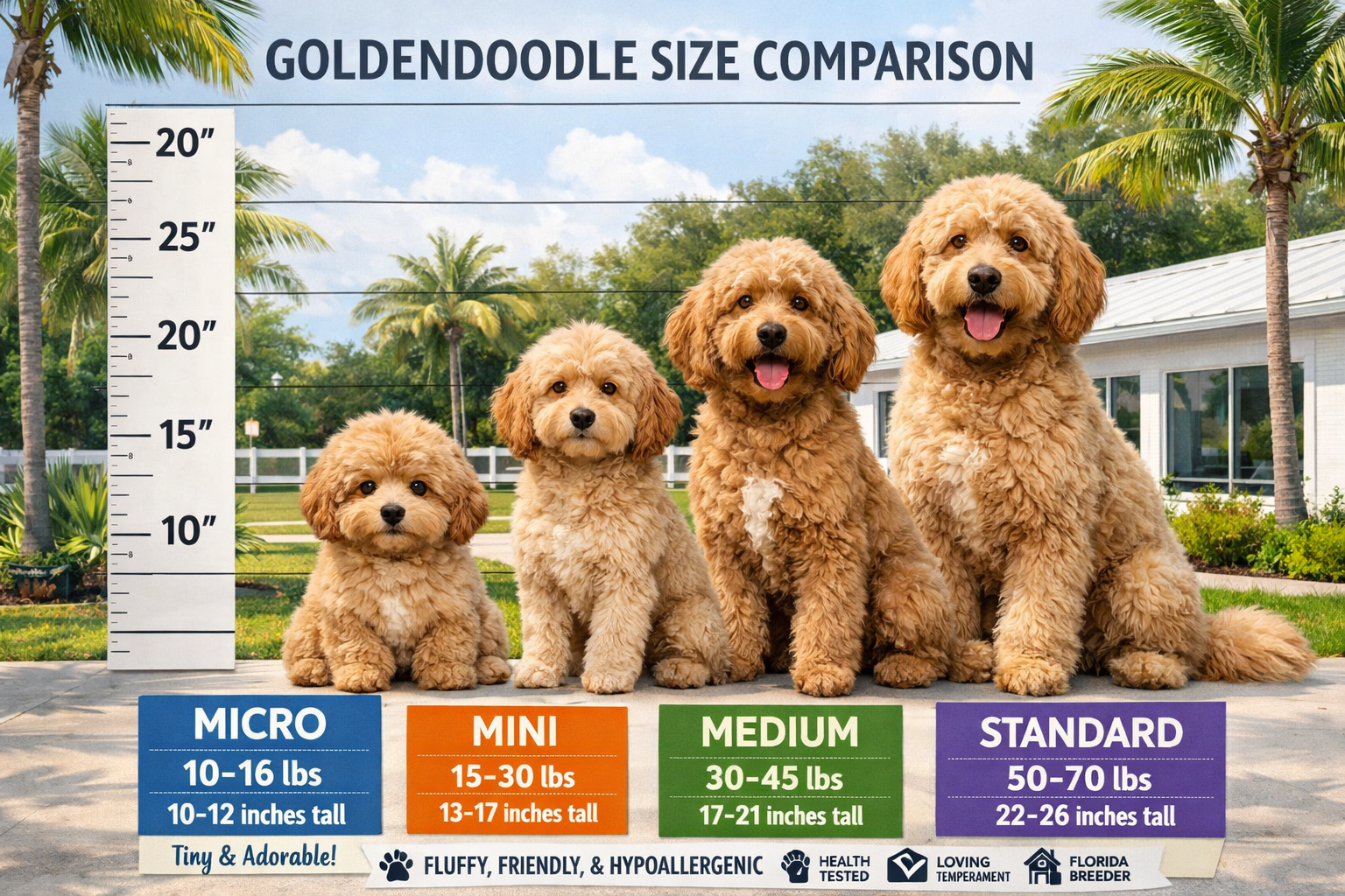 Landscape format (1536x1024) image showing size comparison chart of different goldendoodle sizes with micro goldendoodles prominently featur