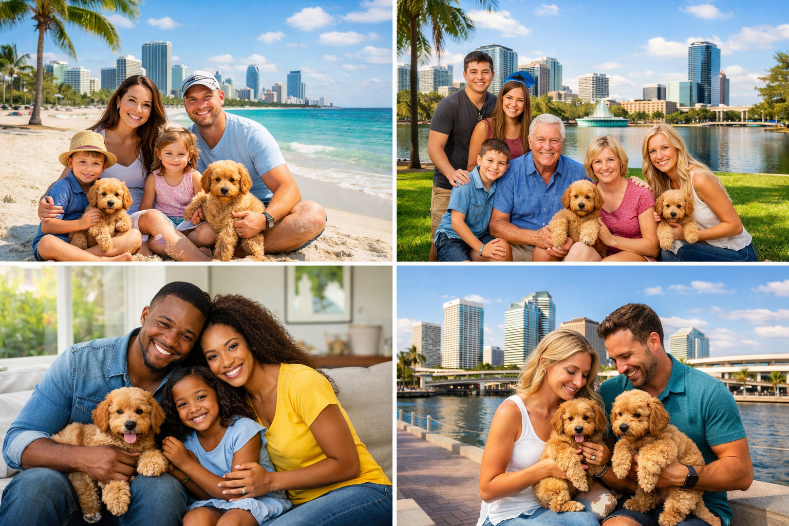 Landscape image (1536x1024) showing happy Florida families with their micro goldendoodles in various settings - beach, parks, homes across m