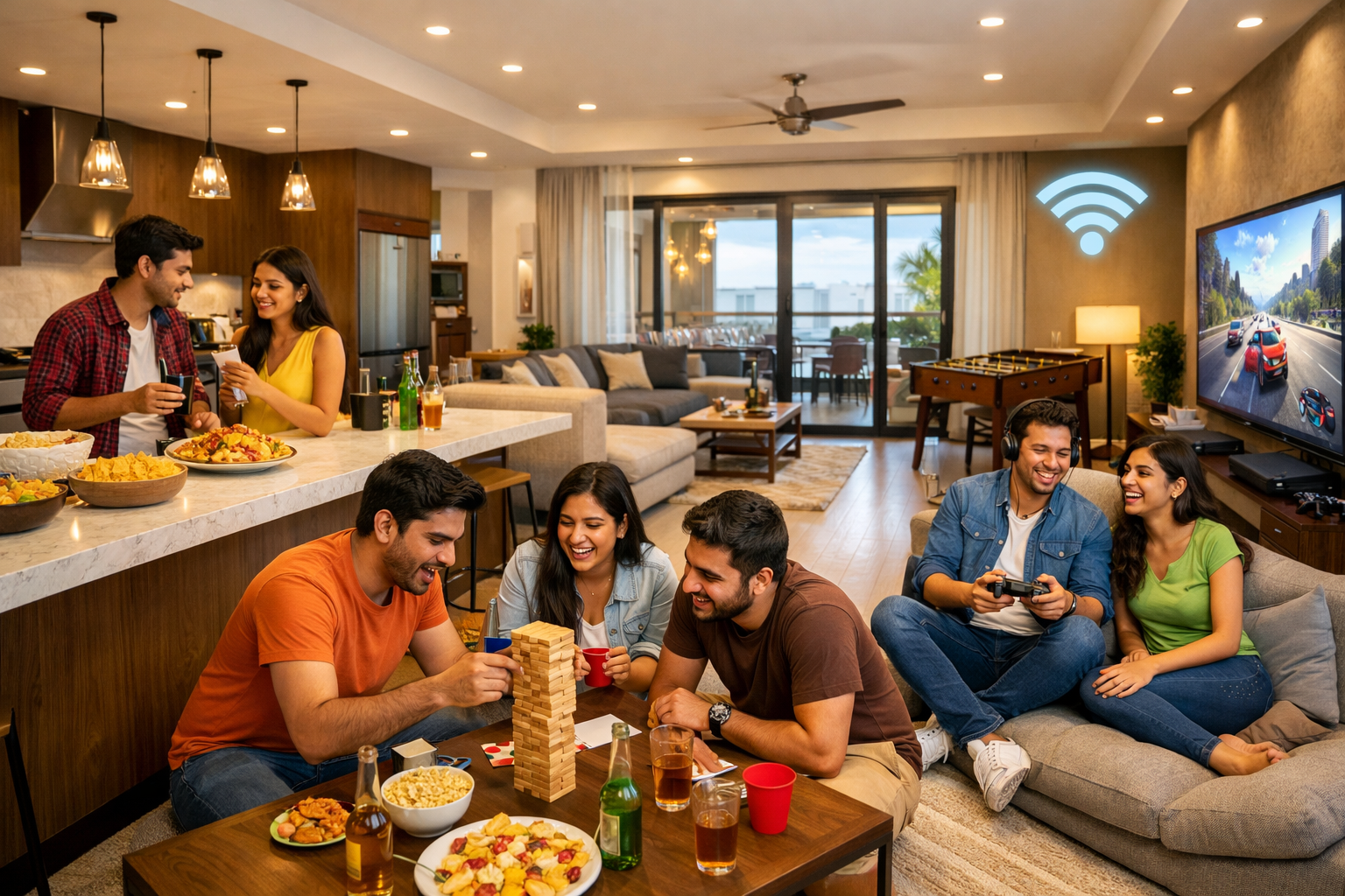 A detailed () image showcasing a diverse group of young adults enjoying a small group party in a spacious, a comfortable