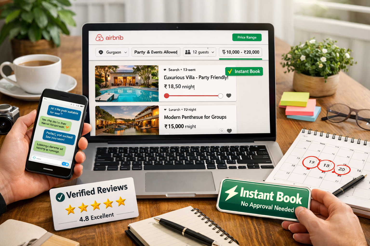 A detailed () image depicting the strategic booking process for an Airbnb in Gurgaon. The central focus is a laptop screen