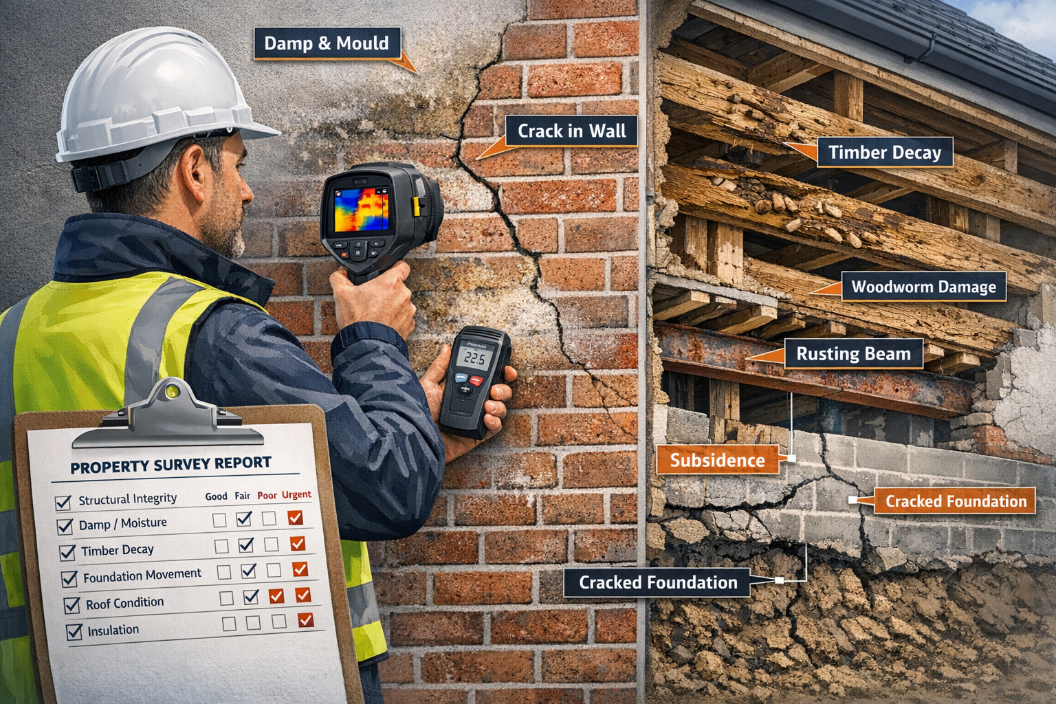 Detailed () illustration showing professional building surveyor in hard hat conducting detailed property inspection with