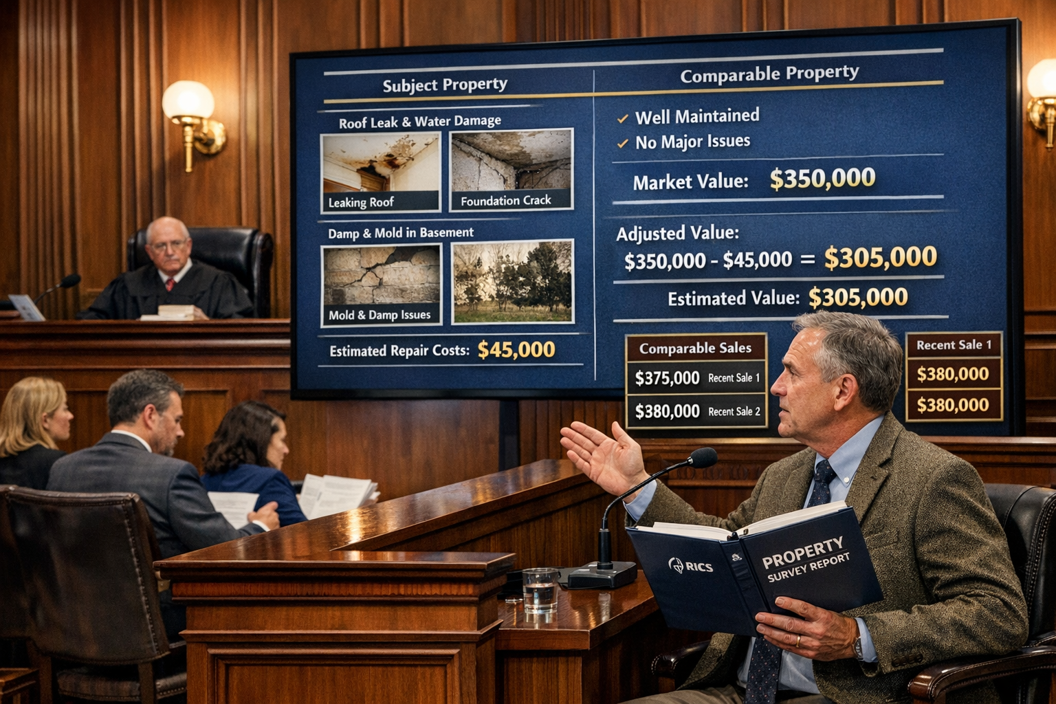 Detailed () professional courtroom scene showing expert witness surveyor presenting building survey evidence on large