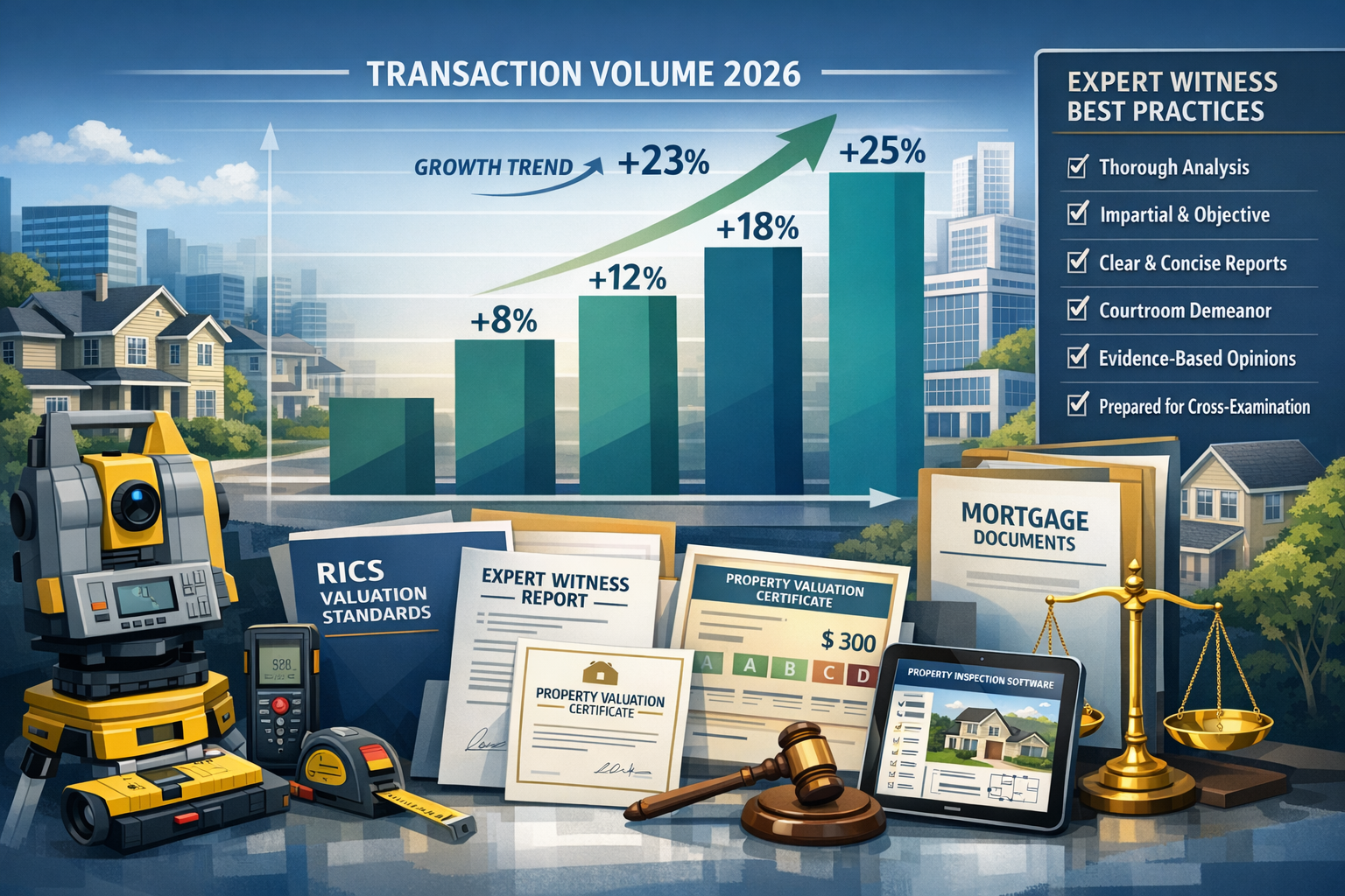 Detailed () modern infographic-style composition showing upward trending transaction volume graph for 2026 with ascending