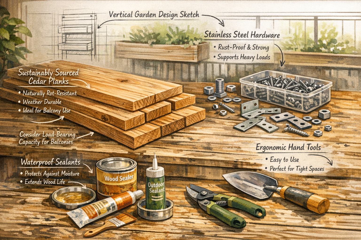 Detailed editorial-style illustration showcasing essential woodworking materials for urban vertical gardening: sustainably