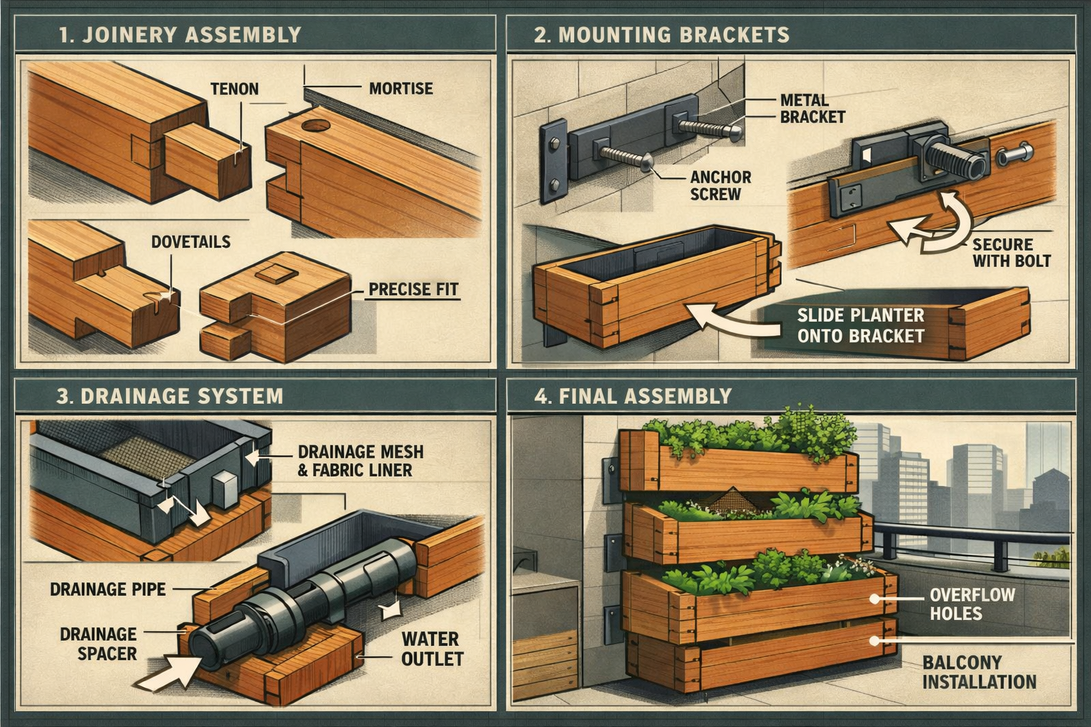 Professional construction technique demonstration image for custom wooden vertical garden assembly. Split-screen technical