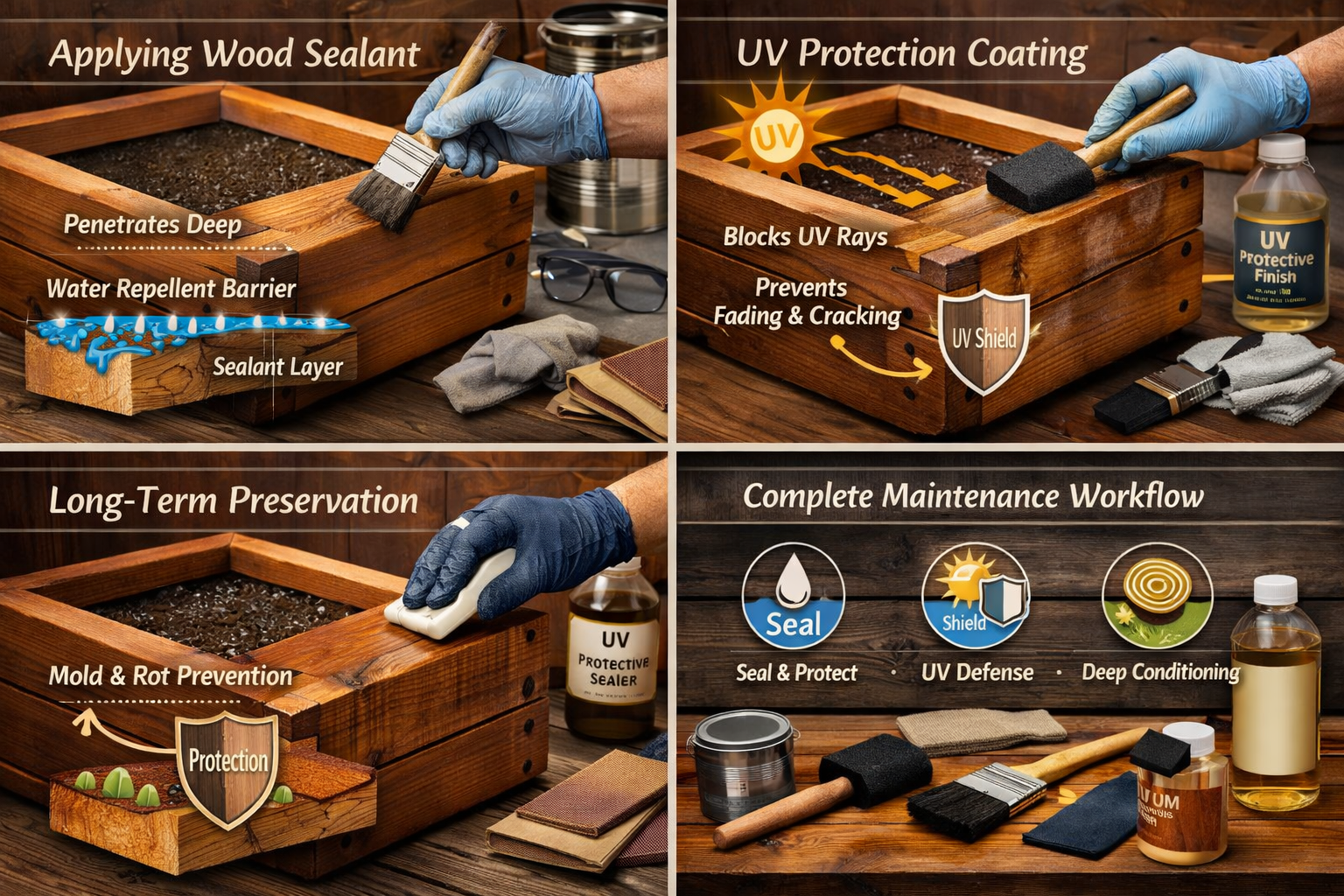 Comprehensive maintenance and finishing guide visual: Close-up editorial photography of weatherproofing techniques for