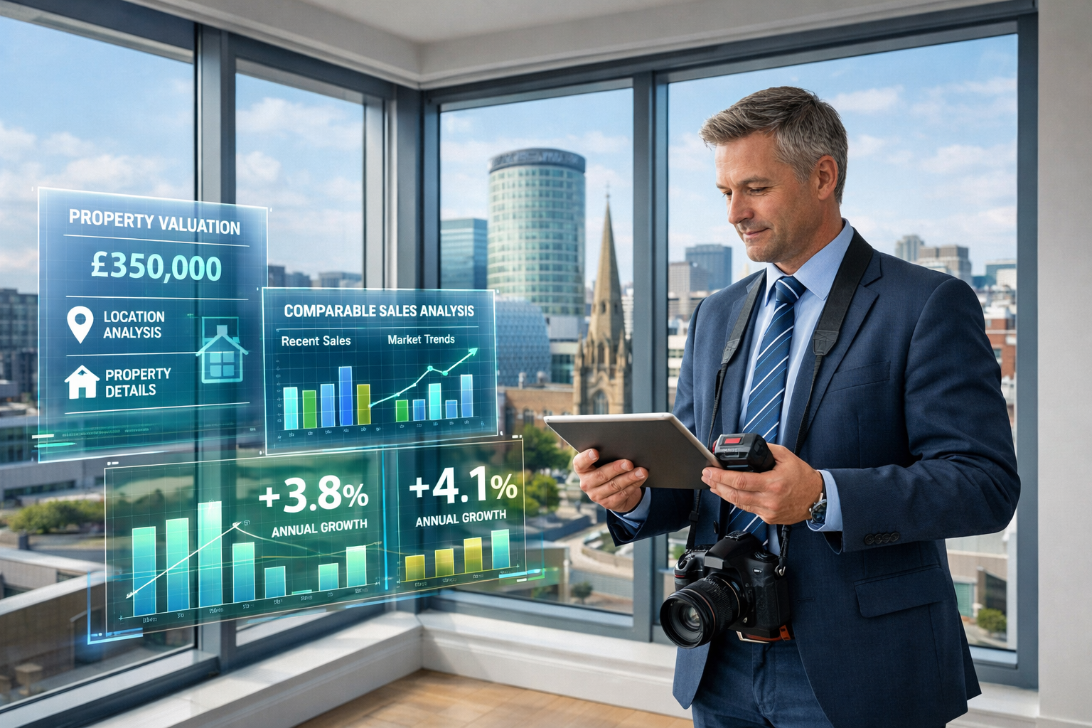 Detailed () image showing professional chartered surveyor in business attire using digital tablet and laser measuring device