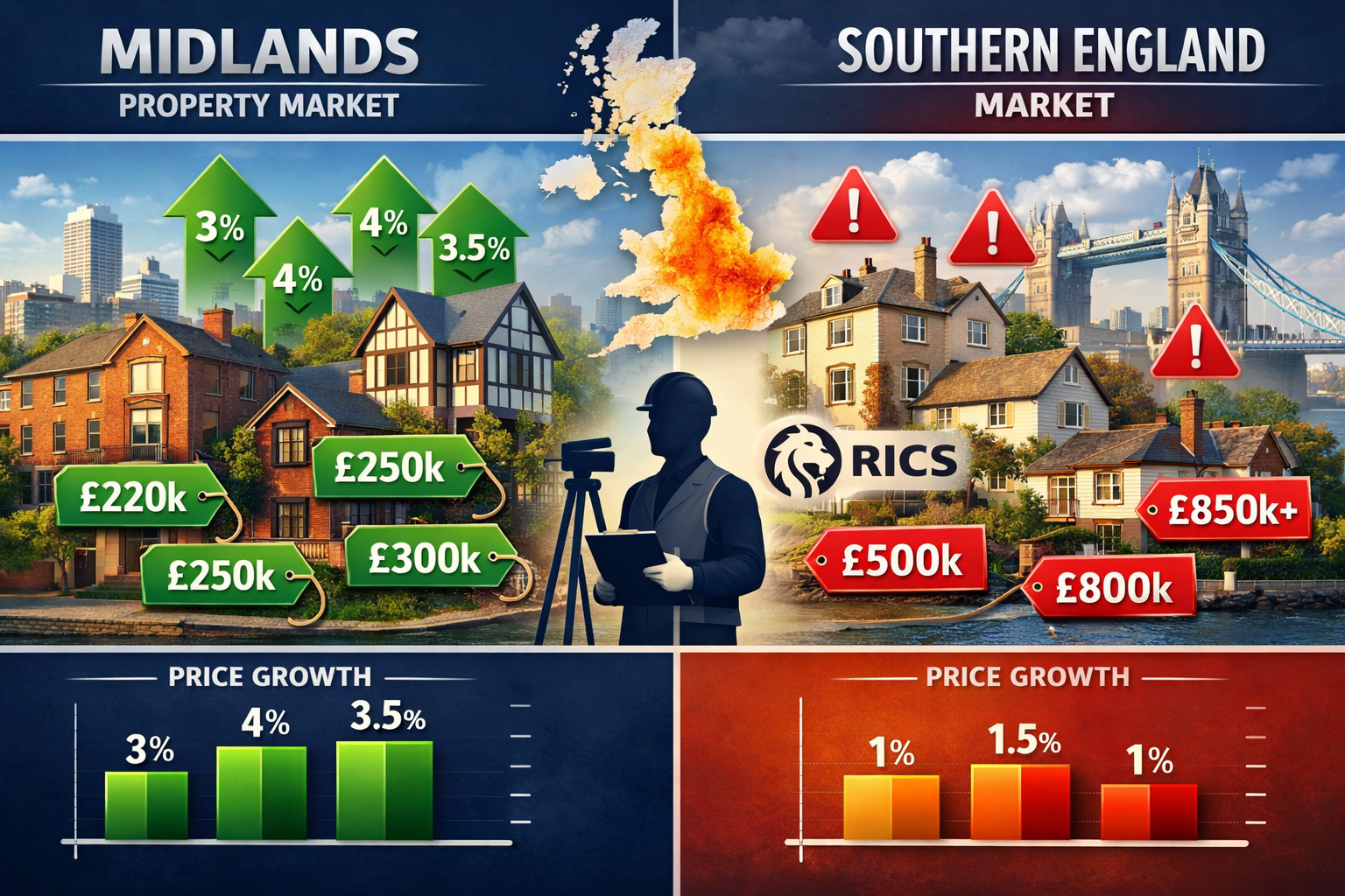 Detailed () split-screen comparison image showing Midlands property market versus Southern England regions. Left side