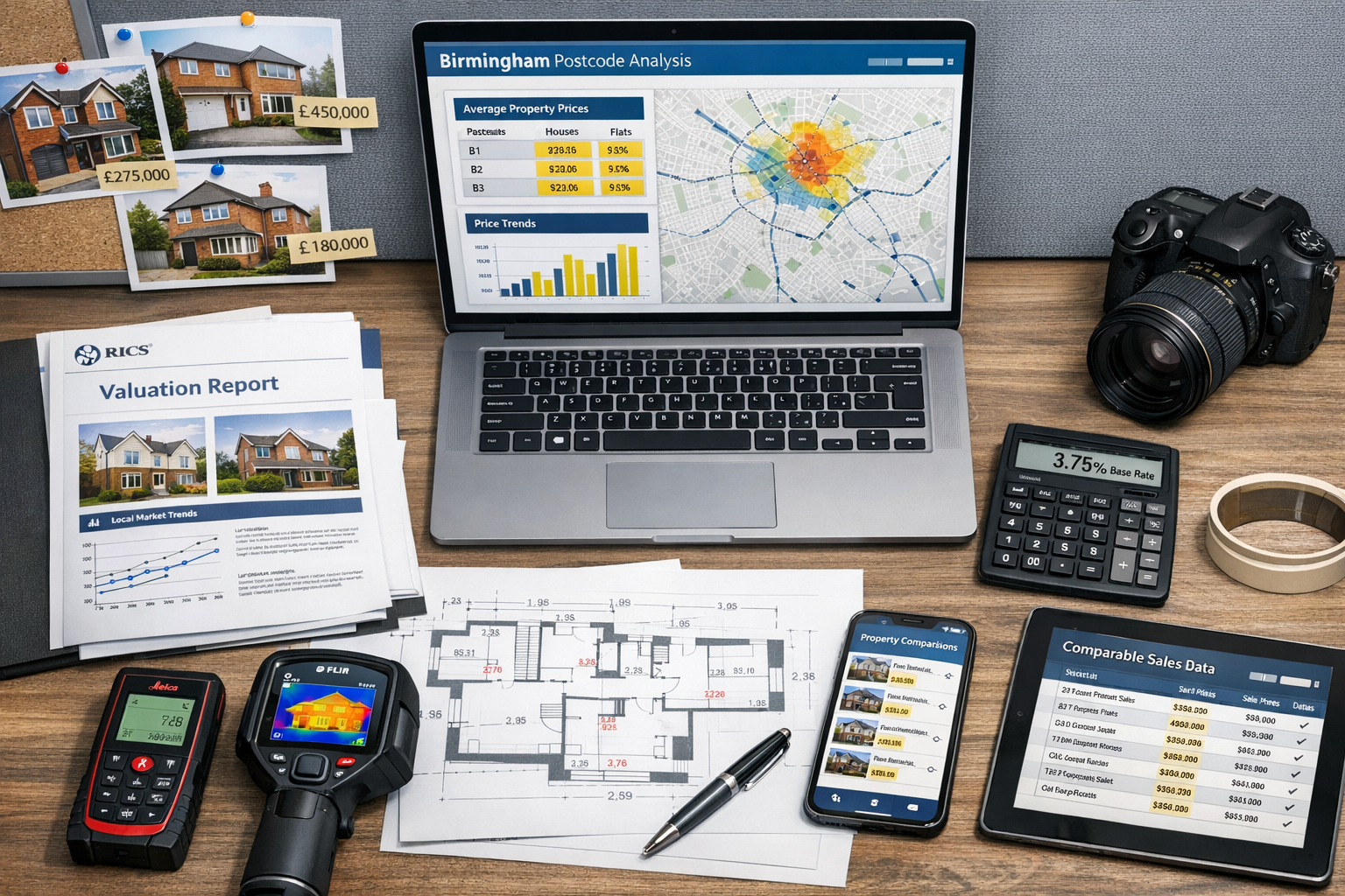 Detailed () image depicting modern surveyor's toolkit and valuation methodology workspace. Overhead flat-lay composition