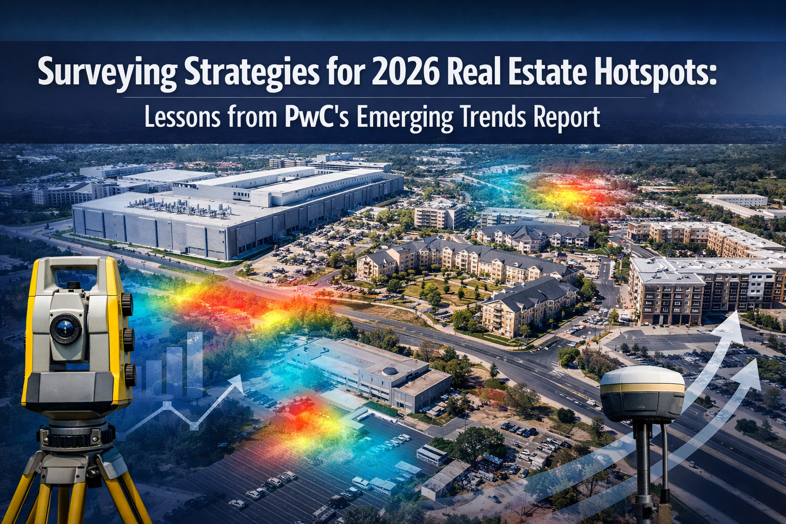 Professional landscape format (1536x1024) hero image featuring bold text overlay 'Surveying Strategies for 2026 Real Estate Hotspots: Lesson