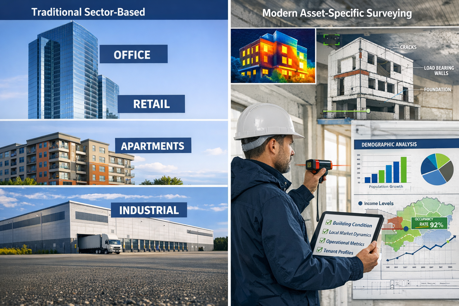 Detailed landscape format (1536x1024) split-screen comparison image showing traditional broad sector-based real estate investment approach o