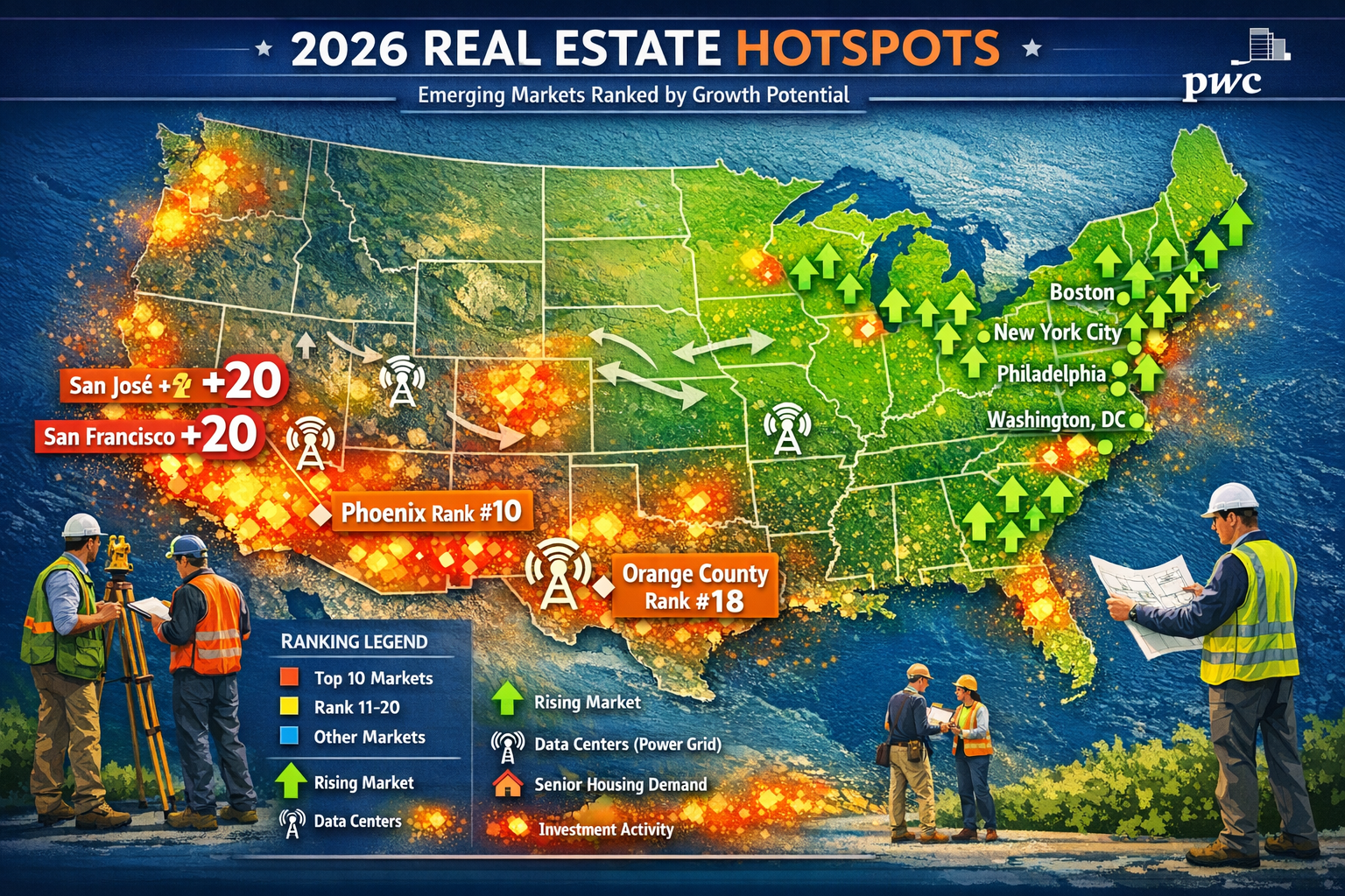 Detailed landscape format (1536x1024) interactive map of United States showing 2026 real estate hotspot rankings with color-coded regions. N