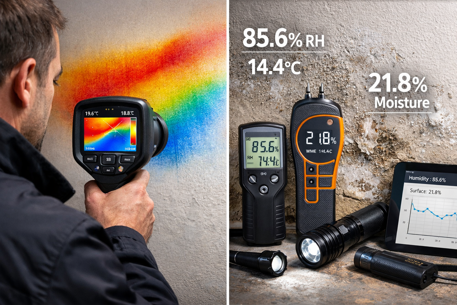 () split-screen comparison photograph showing professional damp survey assessment techniques. Left side: surveyor using
