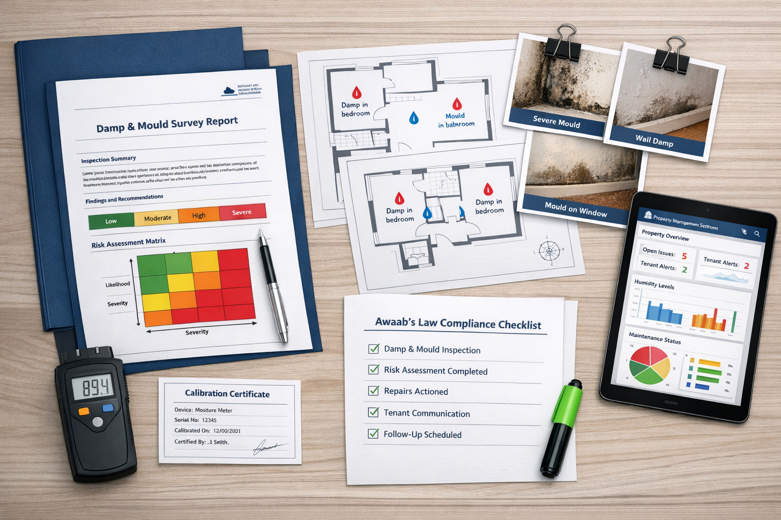 () professional documentation scene showing comprehensive damp survey report preparation for Awaab's Law compliance.