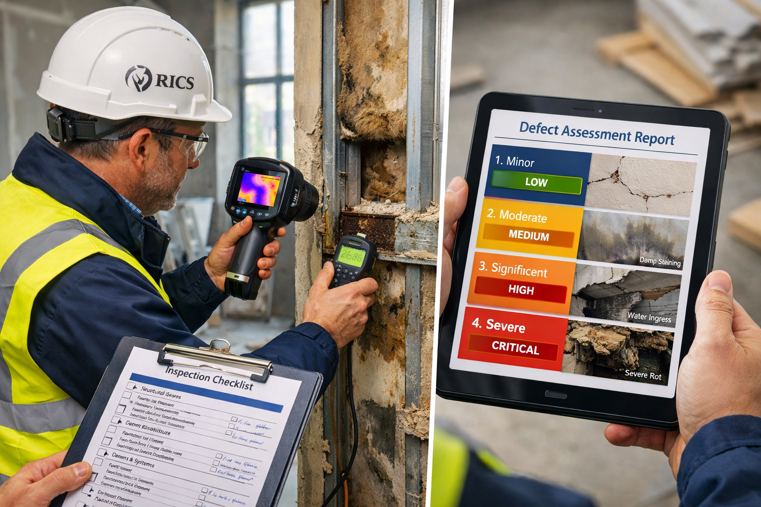 Detailed () image showing professional RICS building surveyor conducting defect assessment inside partially completed