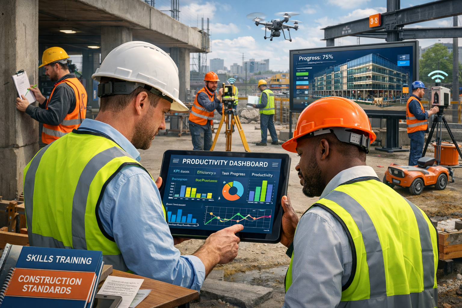 Detailed () image showing modern construction productivity measurement scene with diverse elements: foreground features