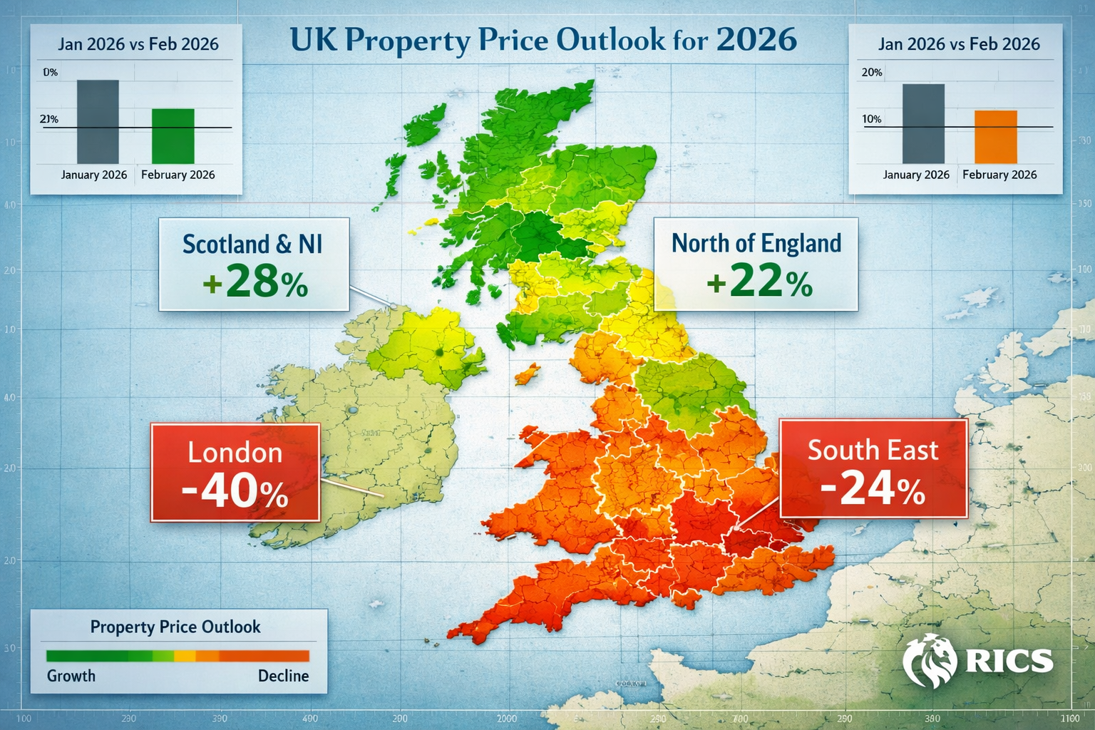 Detailed () editorial image showing UK map with color-coded regional heat map displaying 2026 property price performance.