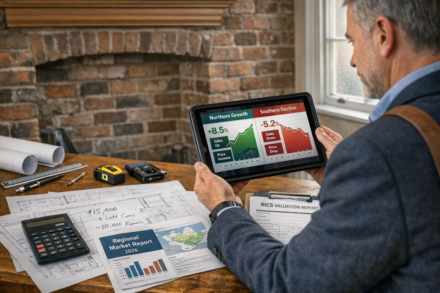 Detailed () professional photograph of RICS chartered surveyor conducting property valuation inspection in Northern England