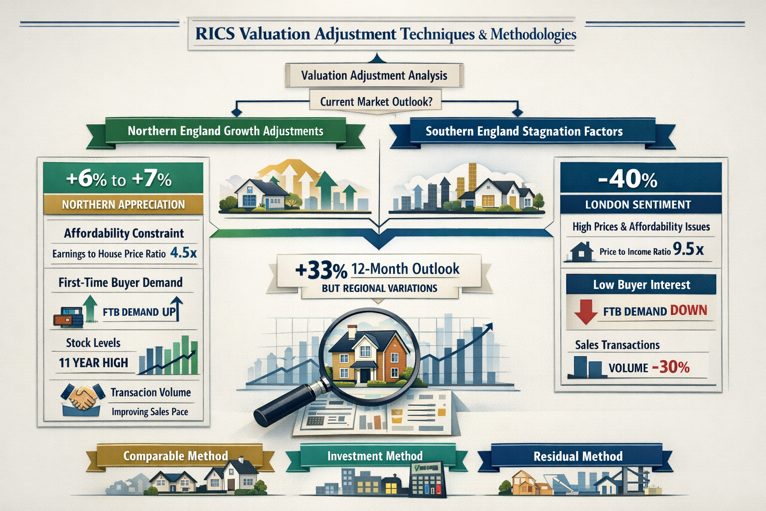 Detailed () sophisticated infographic illustration displaying RICS valuation adjustment techniques and methodologies.