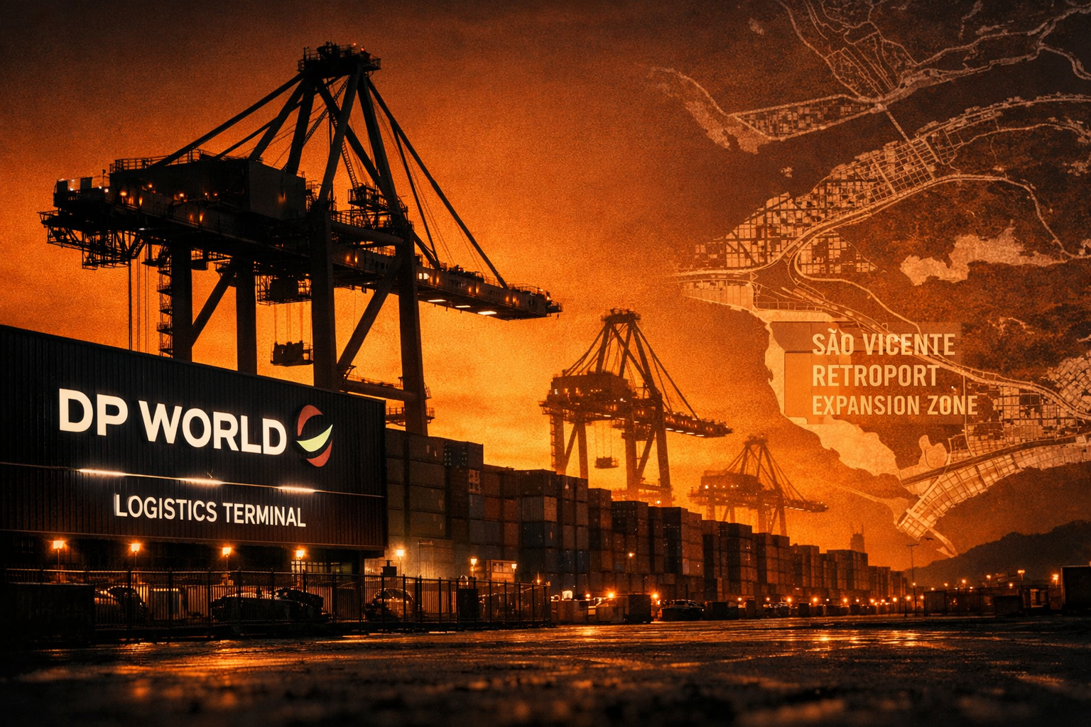 Dramatic ground-level perspective at the Port of Santos at dusk showing massive gantry cranes silhouetted against an orange